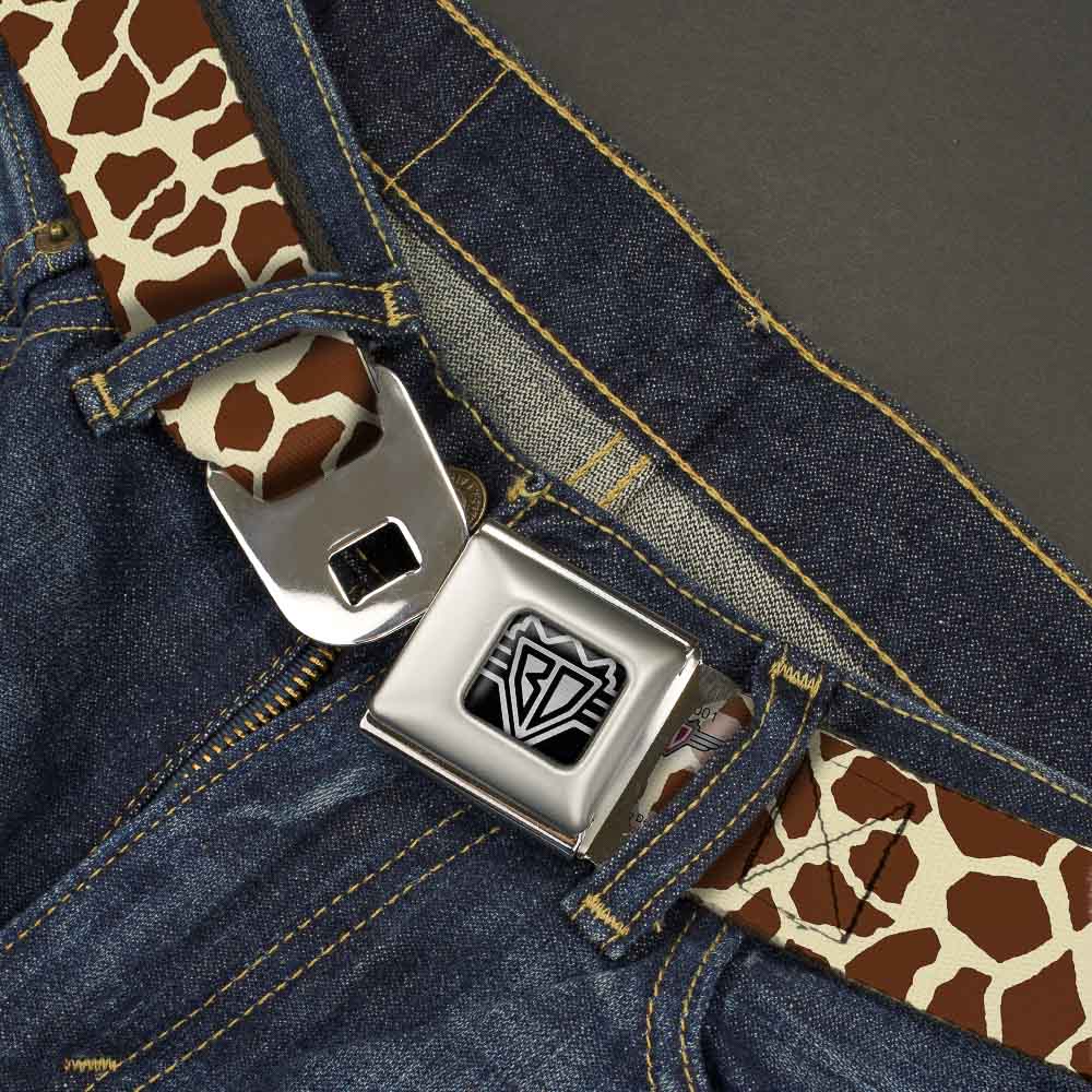 BD Wings Logo CLOSE-UP Full Color Black Silver Seatbelt Belt - Giraffe Spots2 Cream/Brown Webbing Seatbelt Belts Buckle-Down