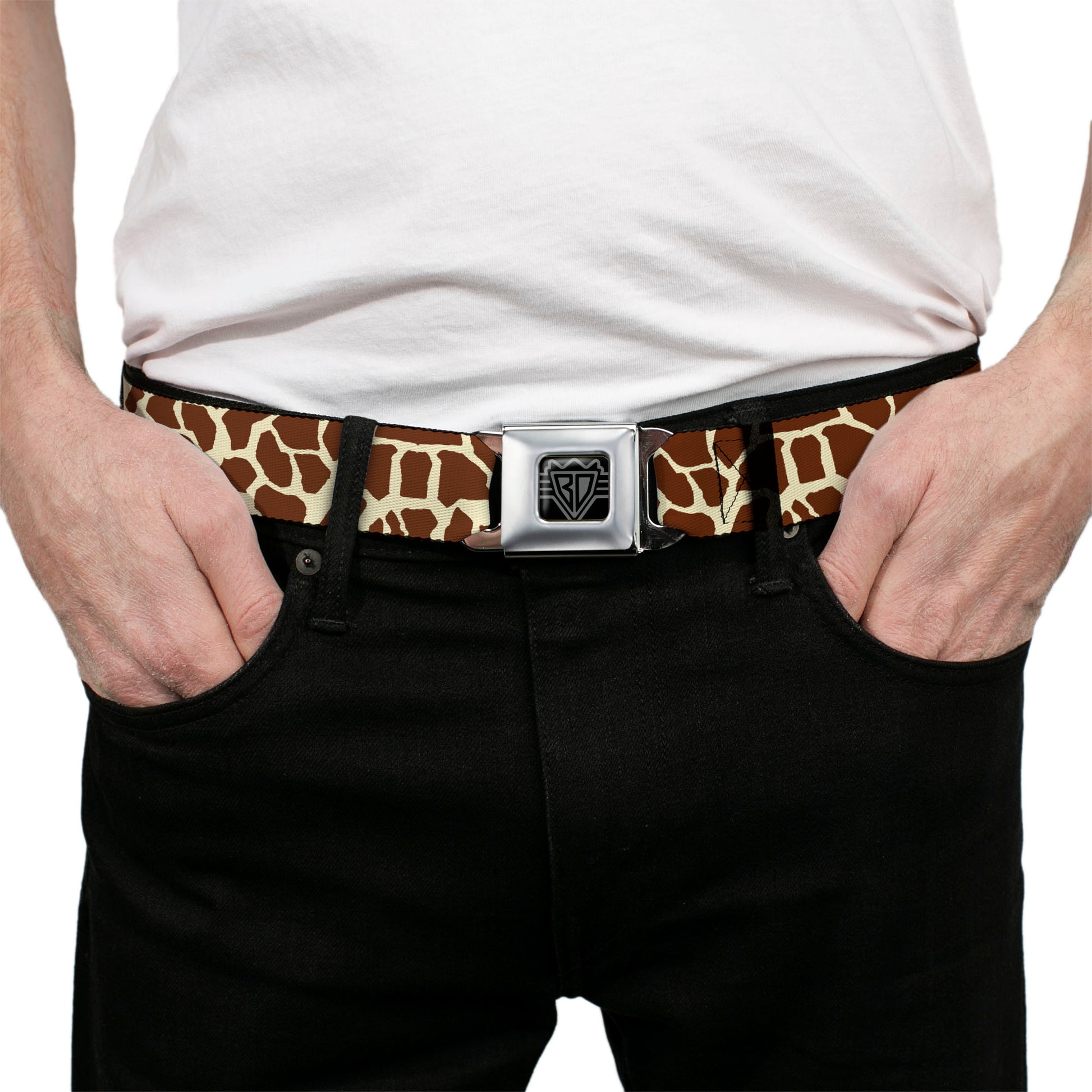 BD Wings Logo CLOSE-UP Full Color Black Silver Seatbelt Belt - Giraffe Spots2 Cream/Brown Webbing Seatbelt Belts Buckle-Down