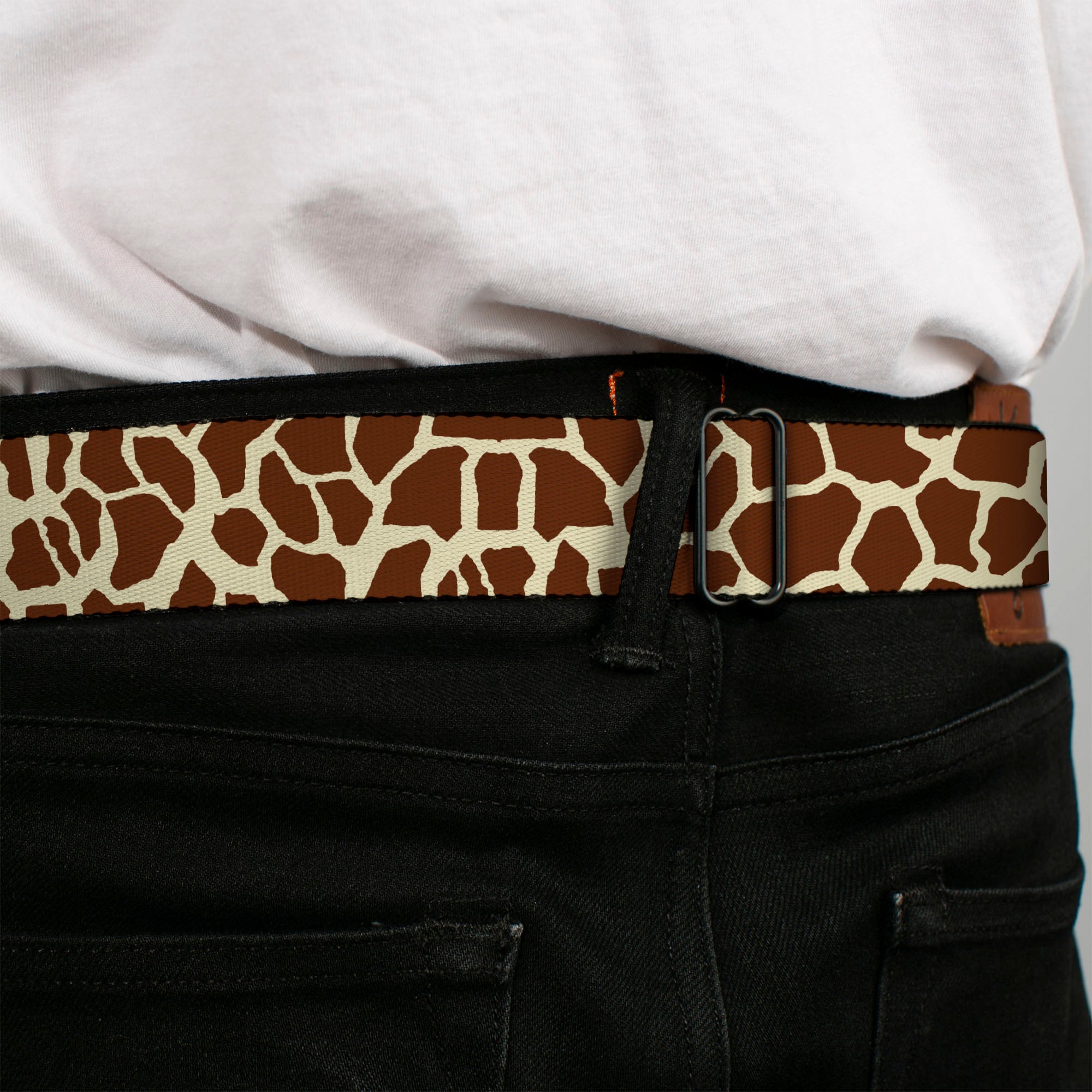 BD Wings Logo CLOSE-UP Full Color Black Silver Seatbelt Belt - Giraffe Spots2 Cream/Brown Webbing Seatbelt Belts Buckle-Down