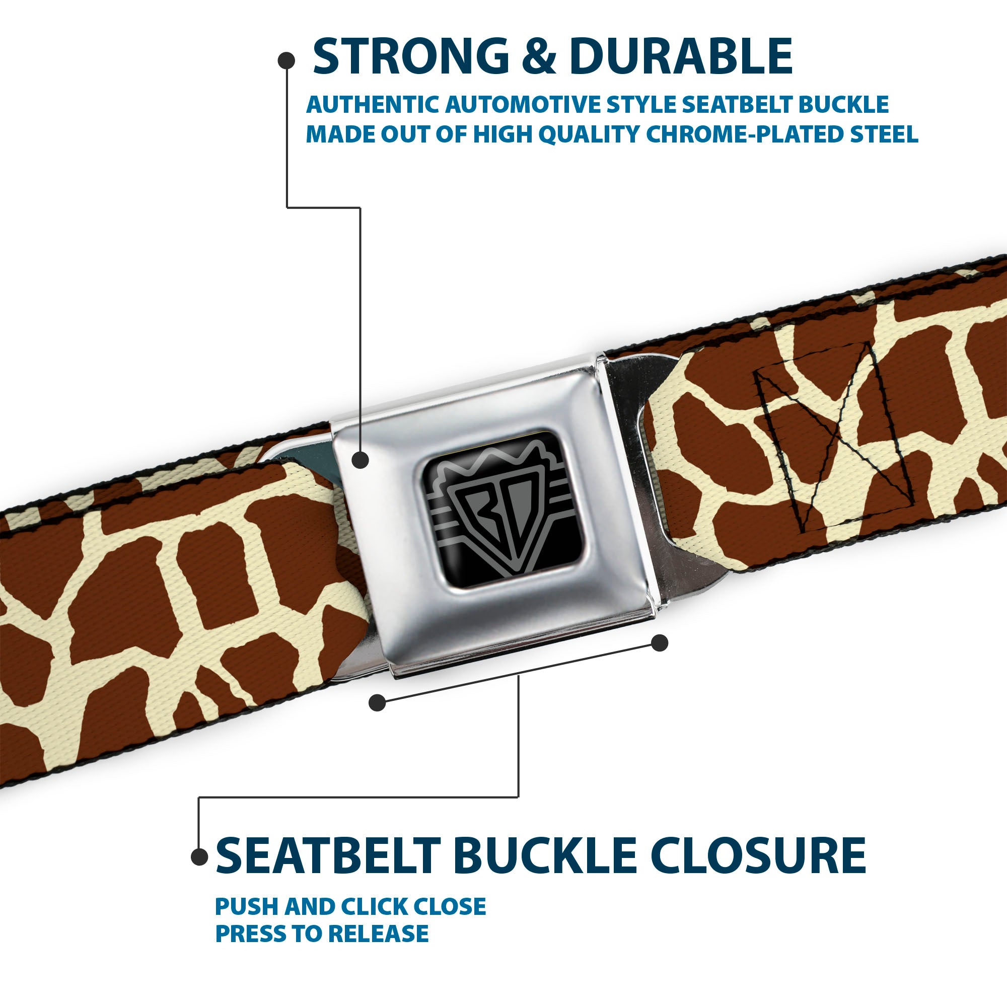 BD Wings Logo CLOSE-UP Full Color Black Silver Seatbelt Belt - Giraffe Spots2 Cream/Brown Webbing Seatbelt Belts Buckle-Down