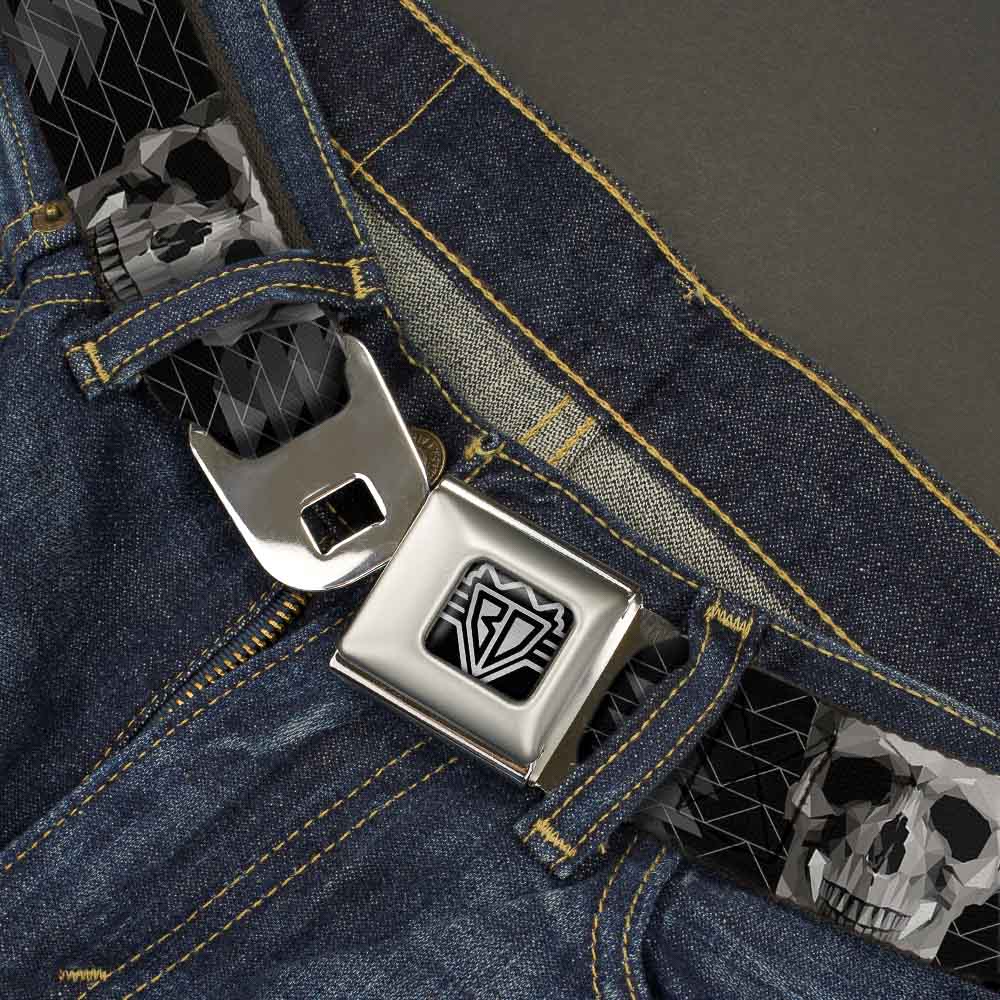 BD Wings Logo CLOSE-UP Full Color Black Silver Seatbelt Belt - Geometric 3-D Skull Face/Chevron Black/Grays/White Webbing Seatbelt Belts Buckle-Down