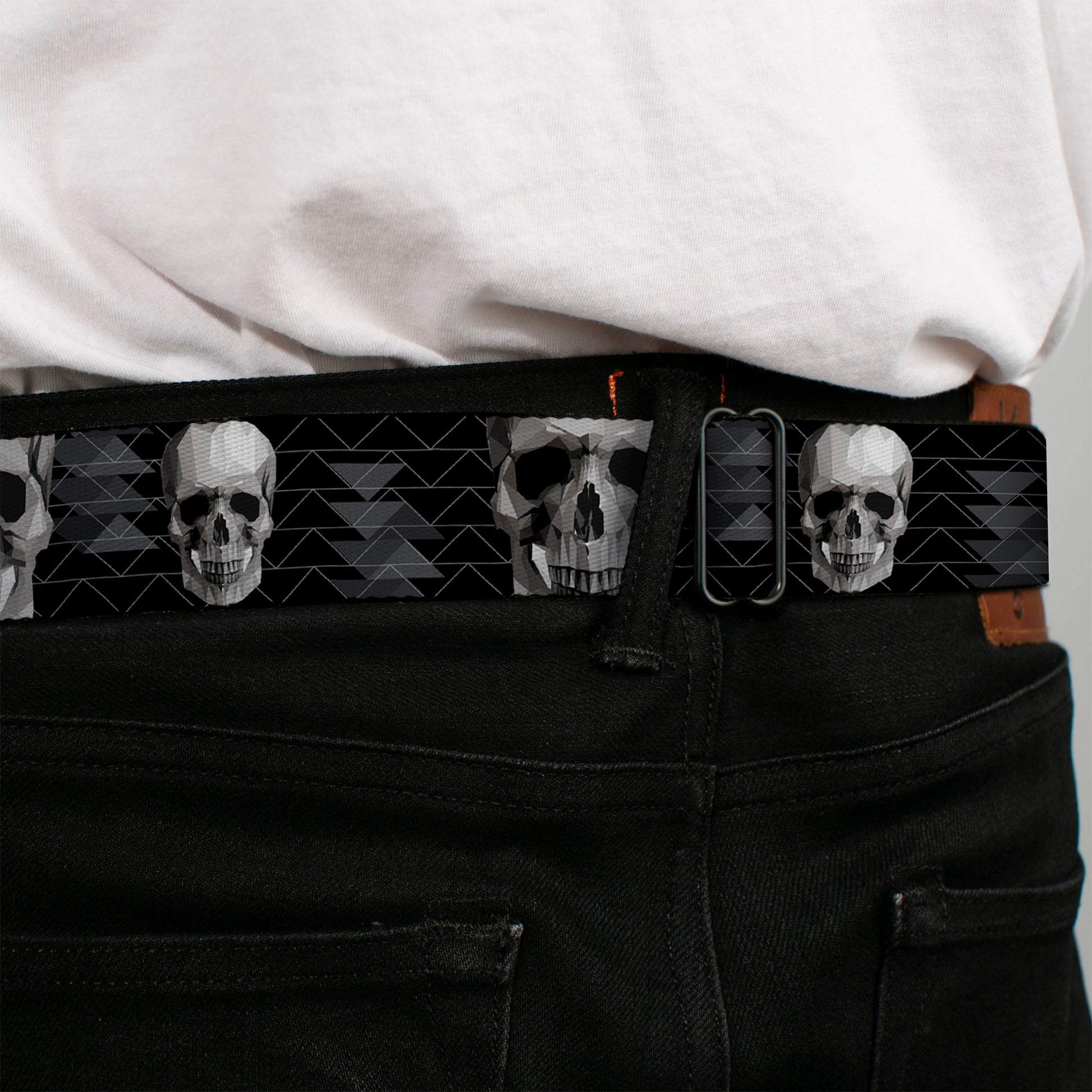 BD Wings Logo CLOSE-UP Full Color Black Silver Seatbelt Belt - Geometric 3-D Skull Face/Chevron Black/Grays/White Webbing Seatbelt Belts Buckle-Down