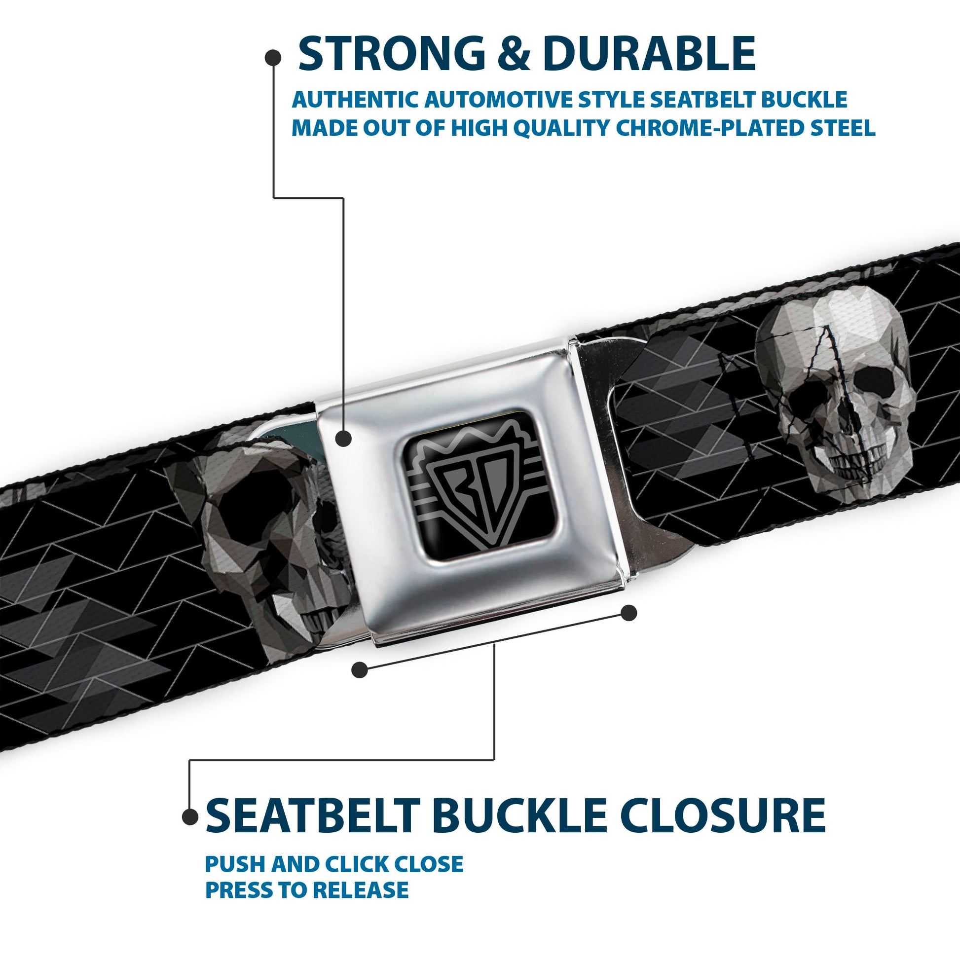 BD Wings Logo CLOSE-UP Full Color Black Silver Seatbelt Belt - Geometric 3-D Skull Face/Chevron Black/Grays/White Webbing Seatbelt Belts Buckle-Down
