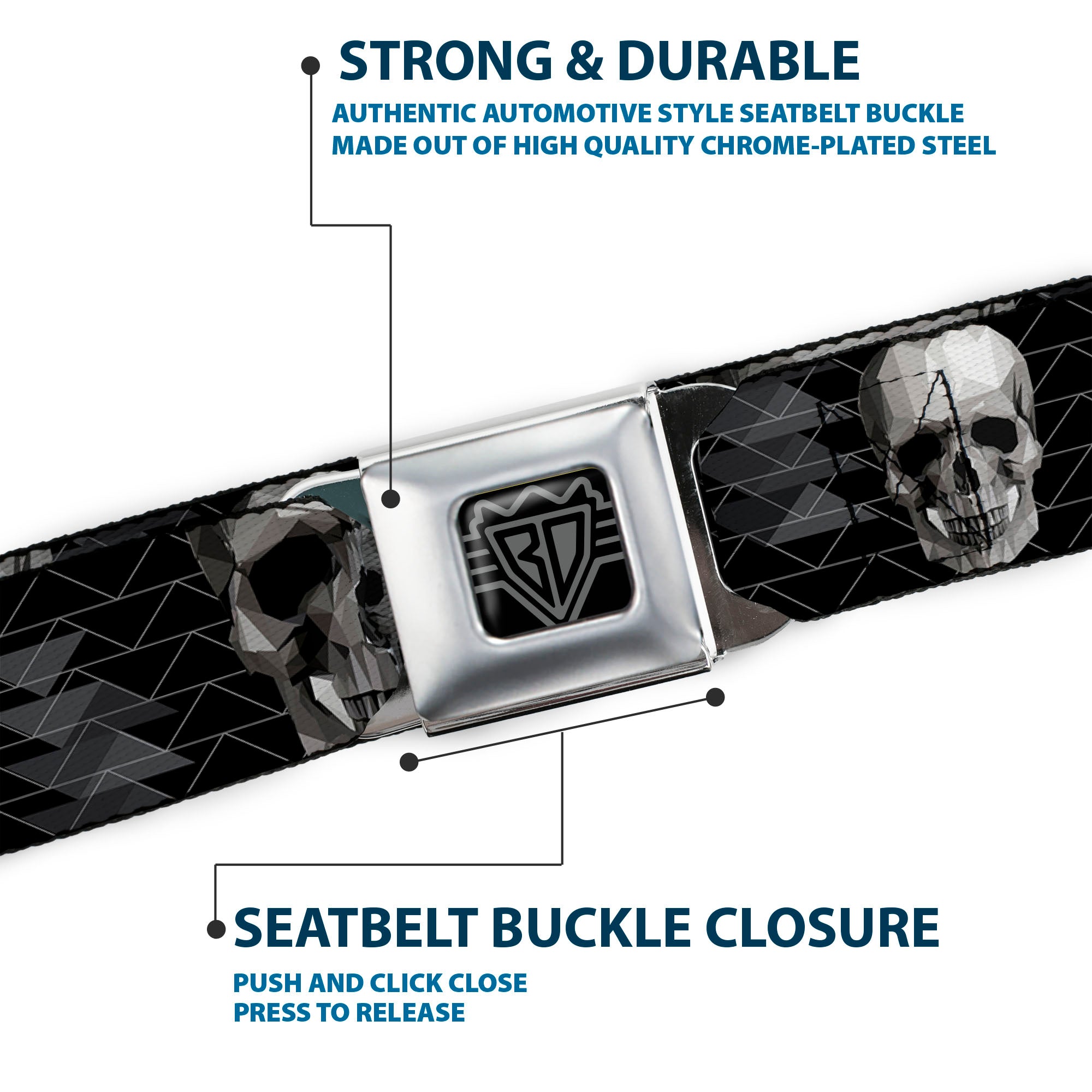 BD Wings Logo CLOSE-UP Full Color Black Silver Seatbelt Belt - Geometric 3-D Skull Face/Chevron Black/Grays/White Webbing Seatbelt Belts Buckle-Down