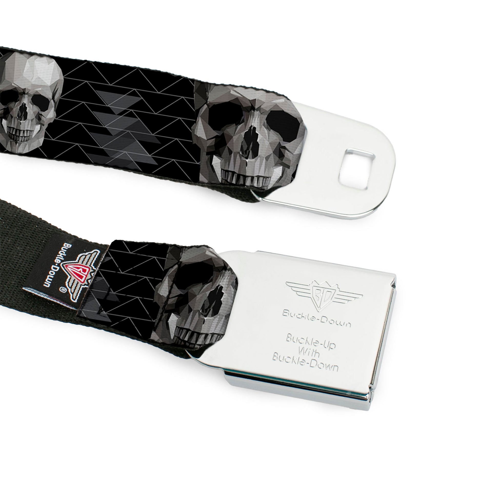 BD Wings Logo CLOSE-UP Full Color Black Silver Seatbelt Belt - Geometric 3-D Skull Face/Chevron Black/Grays/White Webbing Seatbelt Belts Buckle-Down