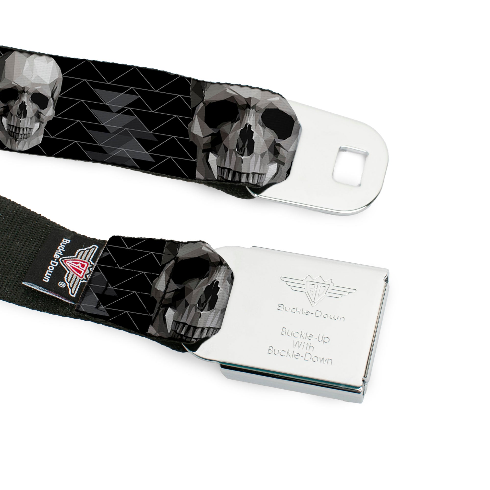 BD Wings Logo CLOSE-UP Full Color Black Silver Seatbelt Belt - Geometric 3-D Skull Face/Chevron Black/Grays/White Webbing Seatbelt Belts Buckle-Down