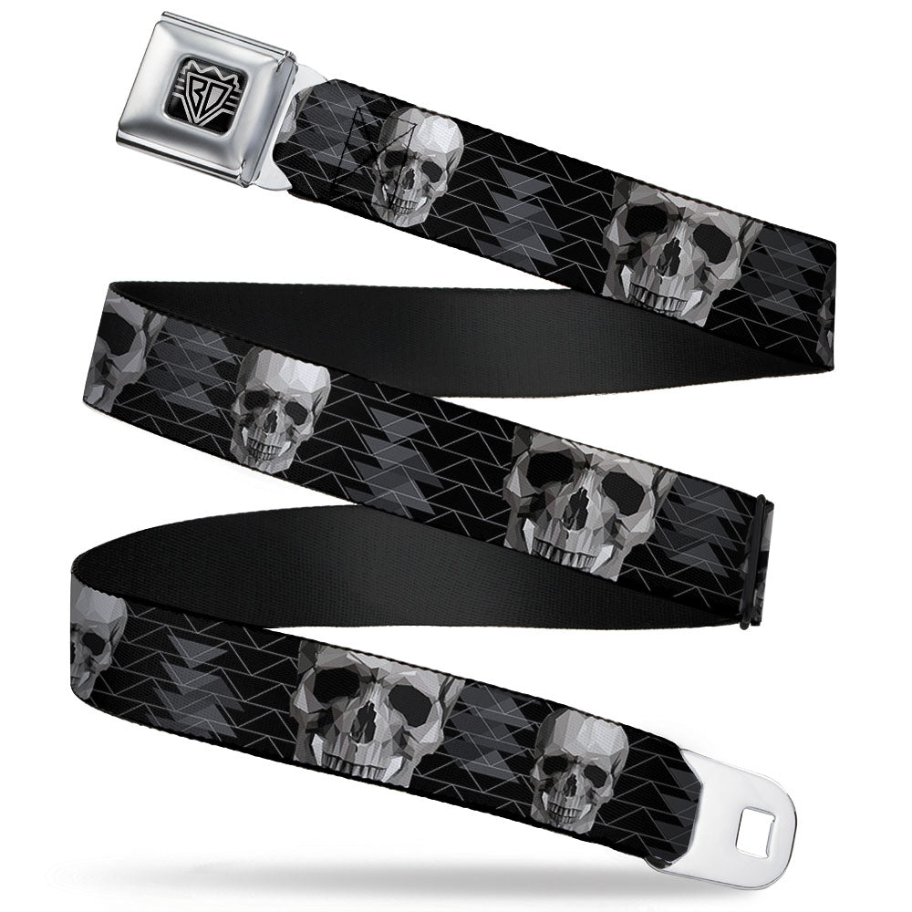 BD Wings Logo CLOSE-UP Full Color Black Silver Seatbelt Belt - Geometric 3-D Skull Face/Chevron Black/Grays/White Webbing Seatbelt Belts Buckle-Down