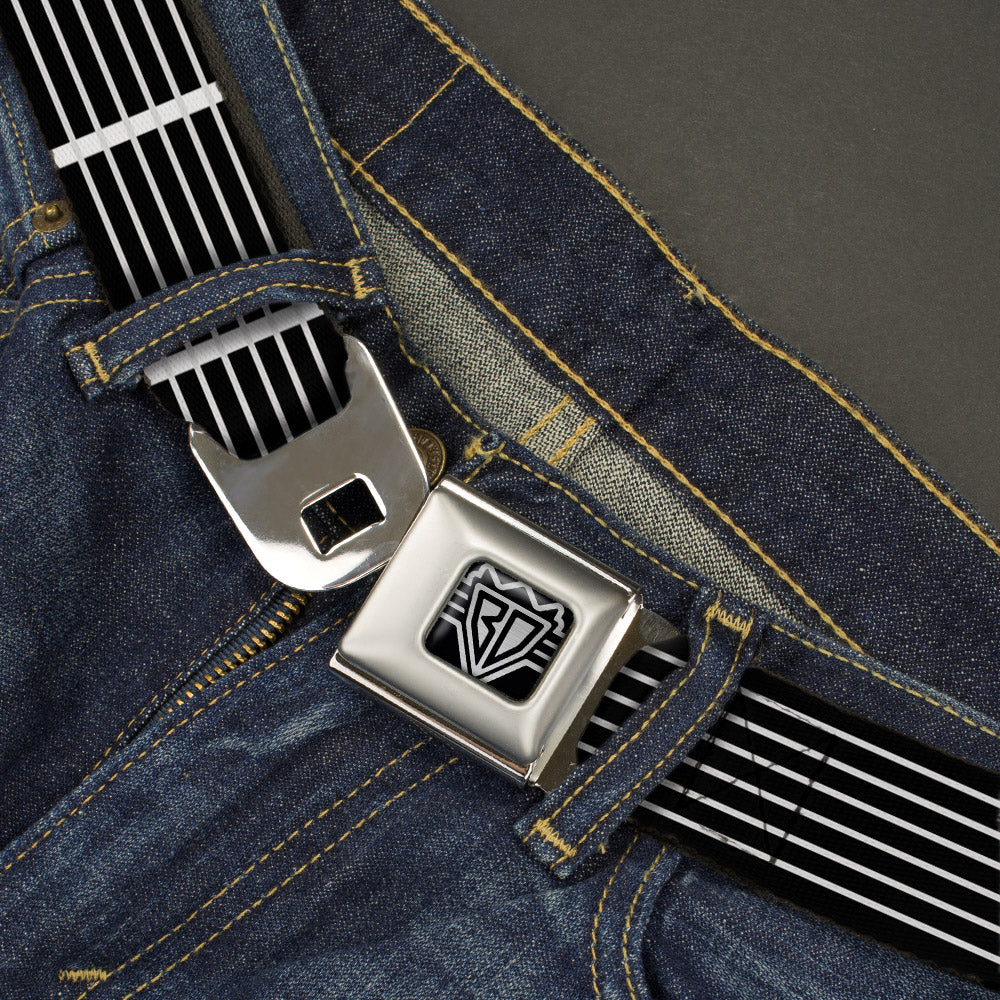 BD Wings Logo CLOSE-UP Full Color Black Silver Seatbelt Belt - Guitar Neck Black/White Webbing Seatbelt Belts Buckle-Down