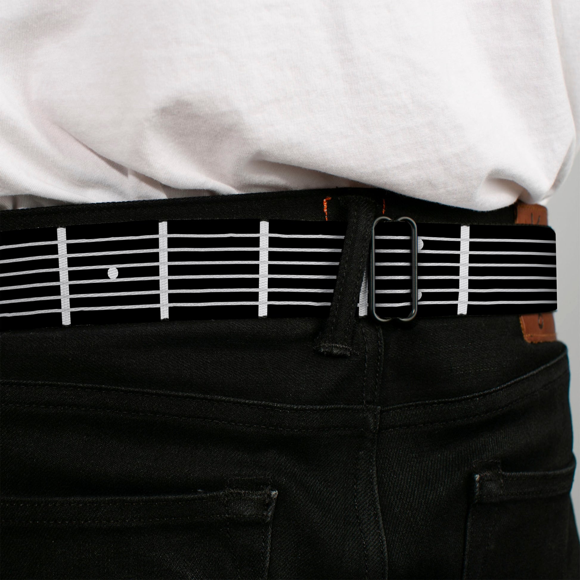 BD Wings Logo CLOSE-UP Full Color Black Silver Seatbelt Belt - Guitar Neck Black/White Webbing Seatbelt Belts Buckle-Down