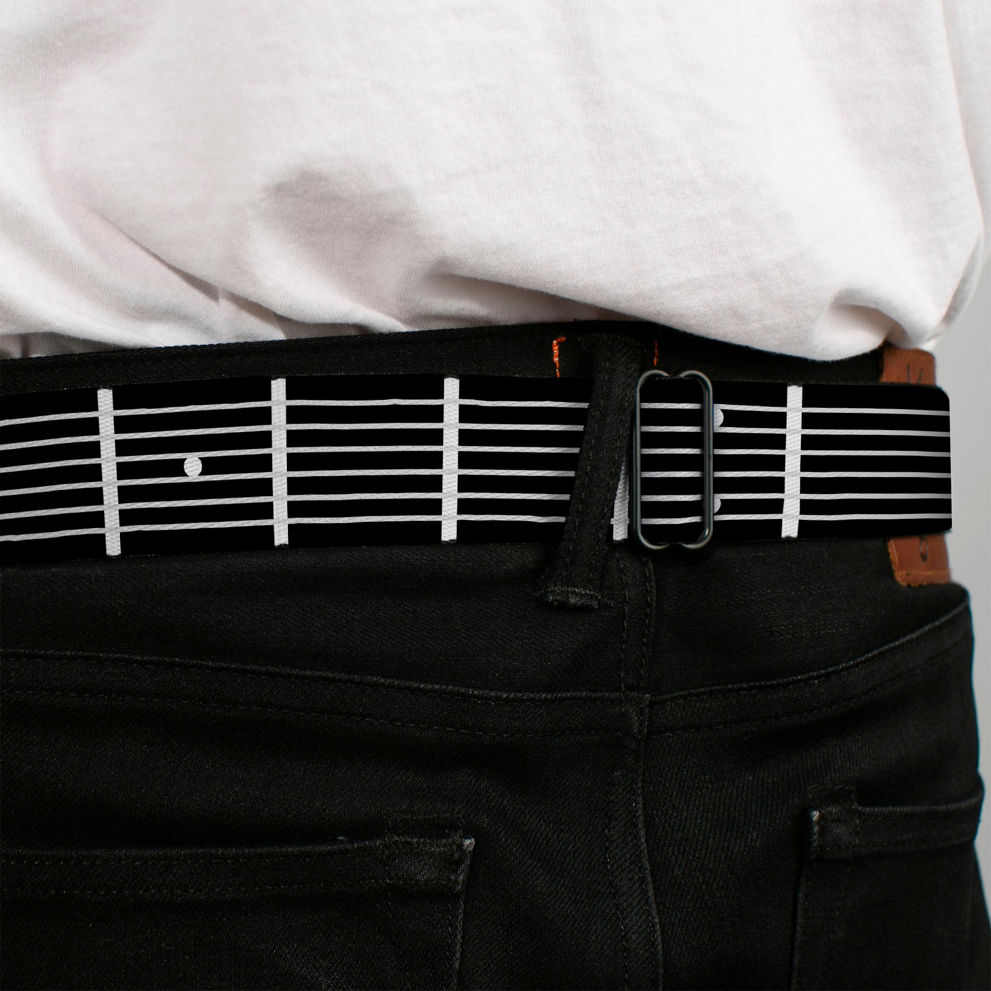 BD Wings Logo CLOSE-UP Full Color Black Silver Seatbelt Belt - Guitar Neck Black/White Webbing Seatbelt Belts Buckle-Down