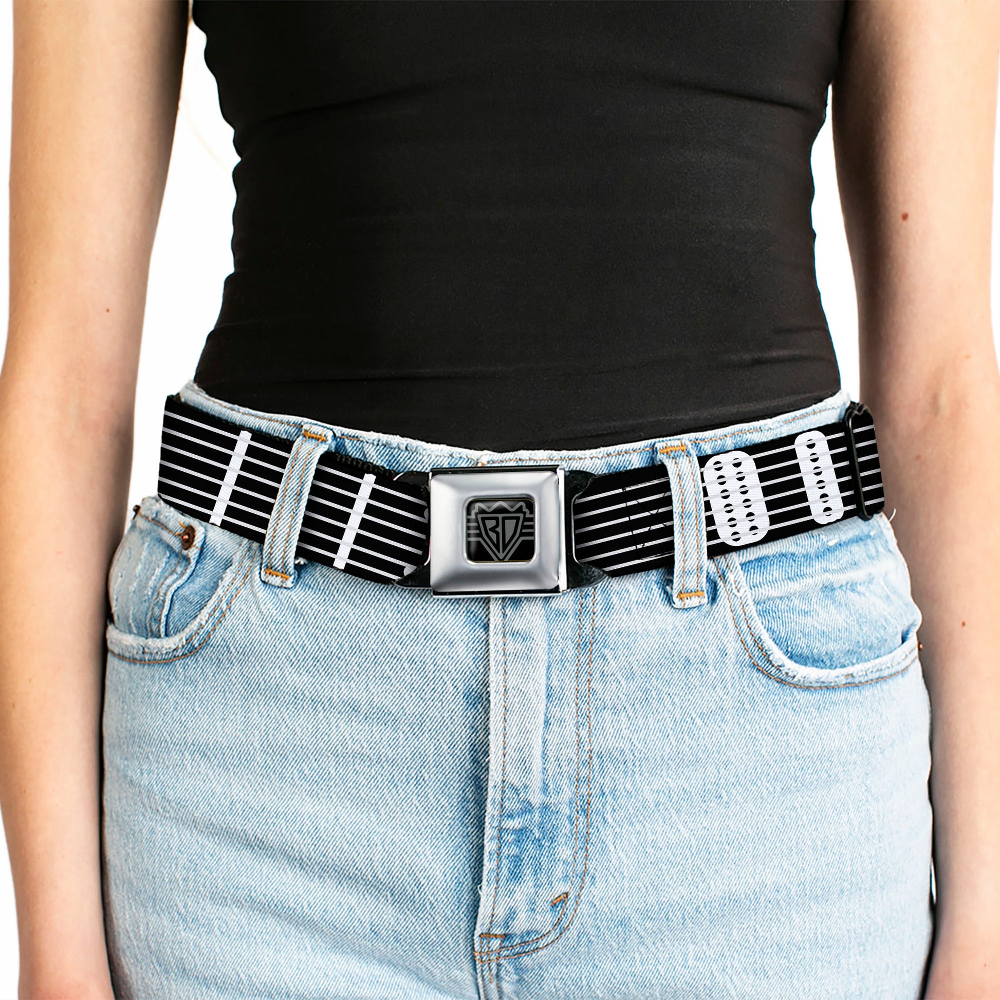 BD Wings Logo CLOSE-UP Full Color Black Silver Seatbelt Belt - Guitar Neck Black/White Webbing Seatbelt Belts Buckle-Down