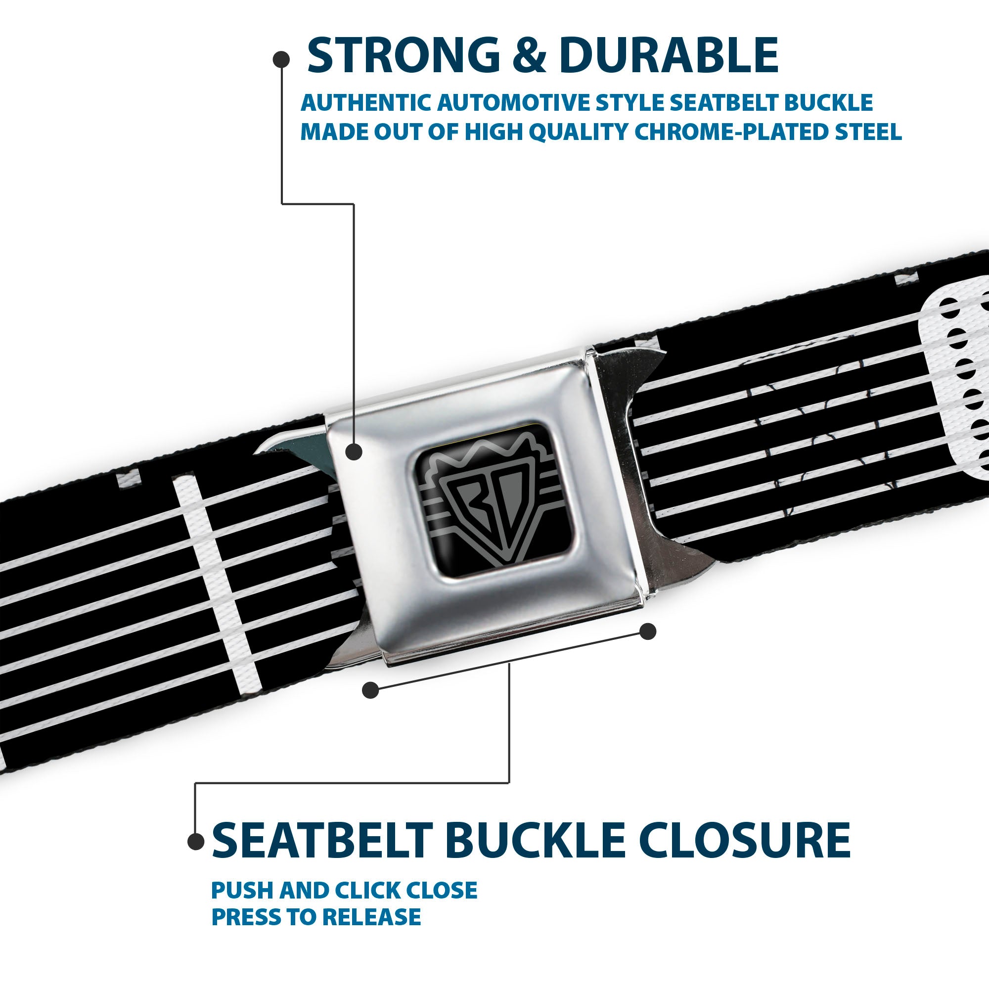 BD Wings Logo CLOSE-UP Full Color Black Silver Seatbelt Belt - Guitar Neck Black/White Webbing Seatbelt Belts Buckle-Down