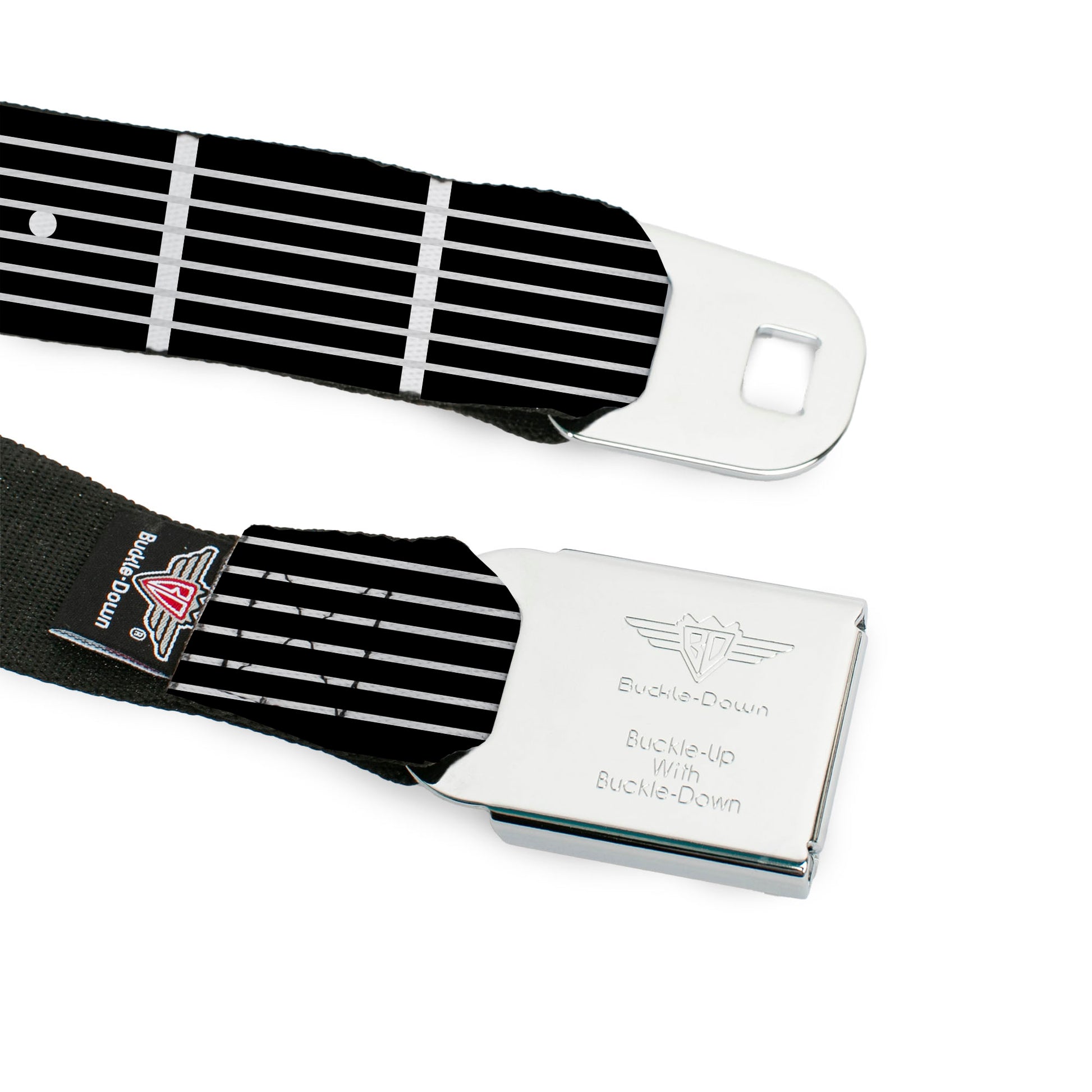 BD Wings Logo CLOSE-UP Full Color Black Silver Seatbelt Belt - Guitar Neck Black/White Webbing Seatbelt Belts Buckle-Down