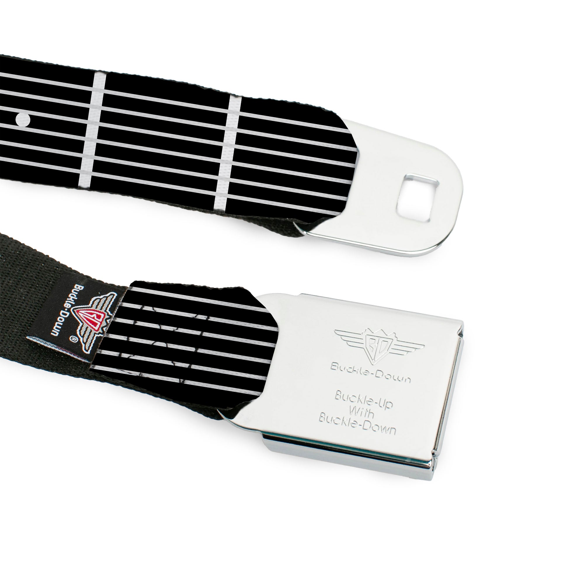 BD Wings Logo CLOSE-UP Full Color Black Silver Seatbelt Belt - Guitar Neck Black/White Webbing Seatbelt Belts Buckle-Down