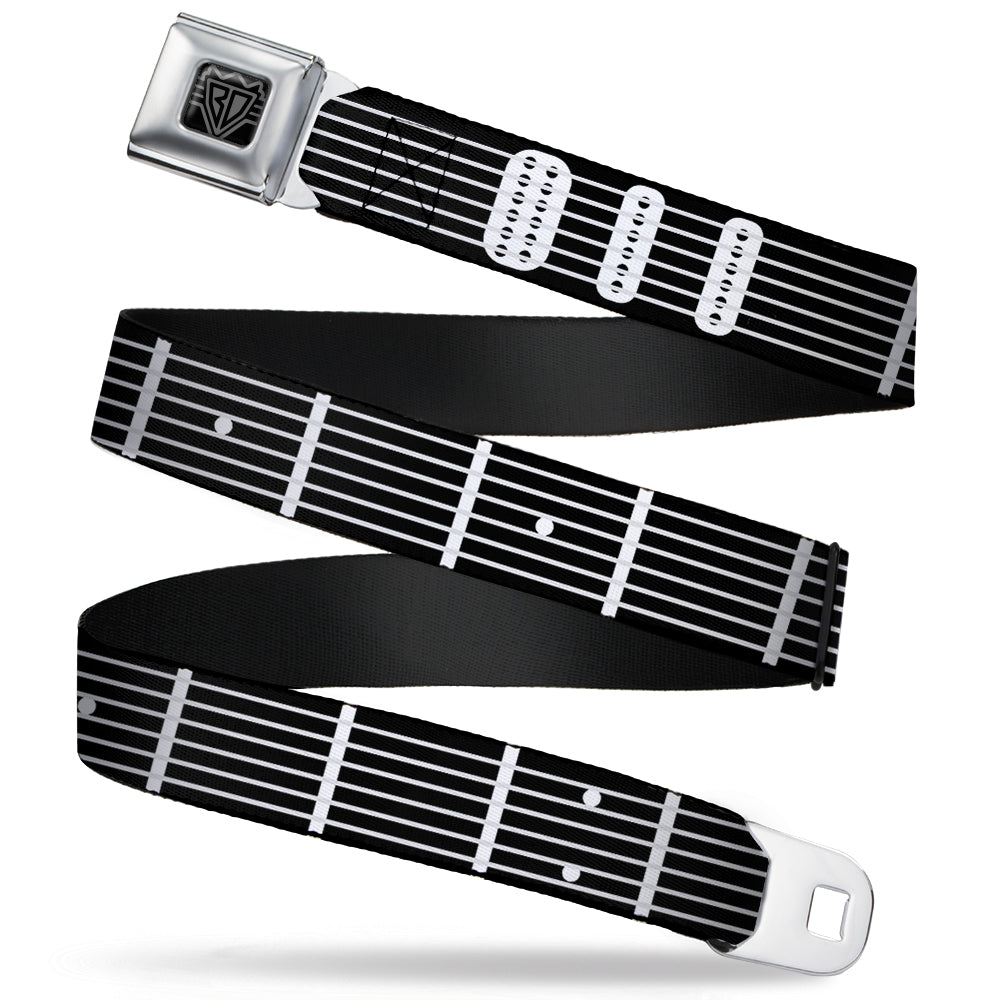 BD Wings Logo CLOSE-UP Full Color Black Silver Seatbelt Belt - Guitar Neck Black/White Webbing Seatbelt Belts Buckle-Down