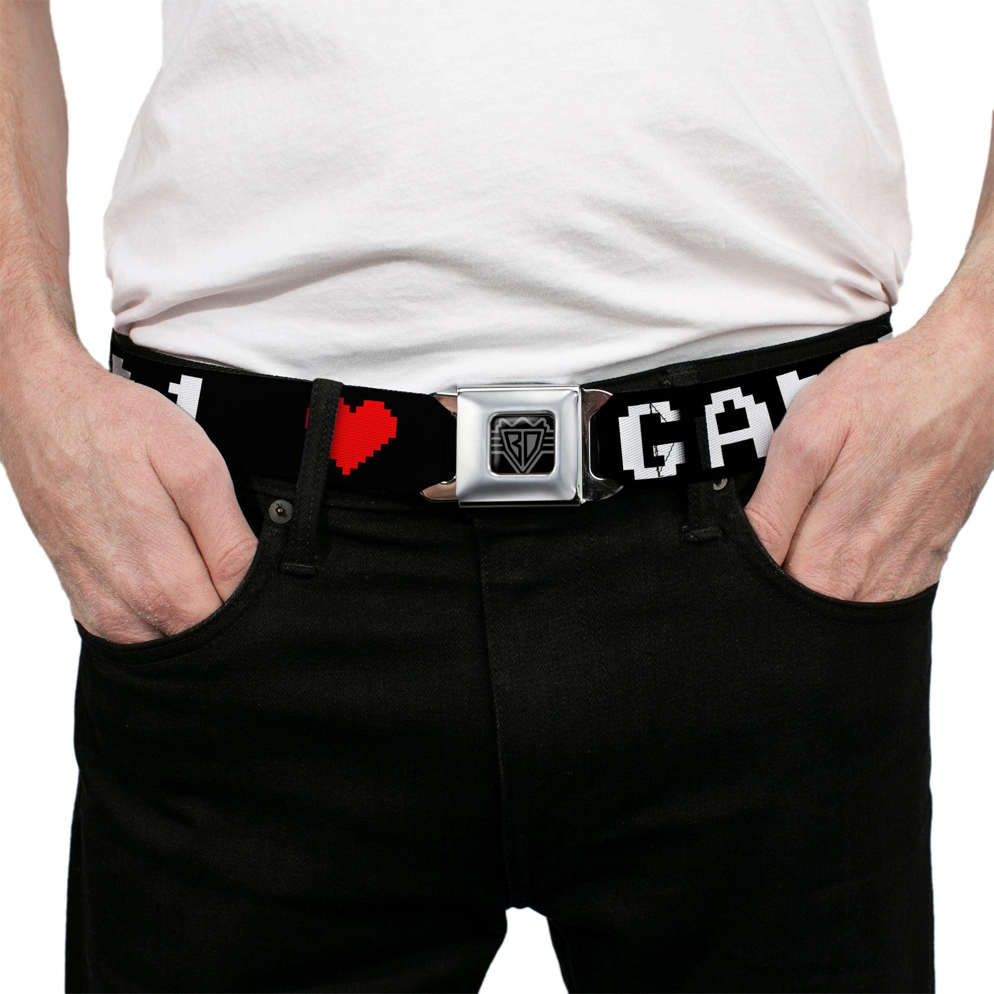 BD Wings Logo CLOSE-UP Full Color Black Silver Seatbelt Belt - GAMER 1/Heart 8-Bit Black/White/Red Webbing Seatbelt Belts Buckle-Down