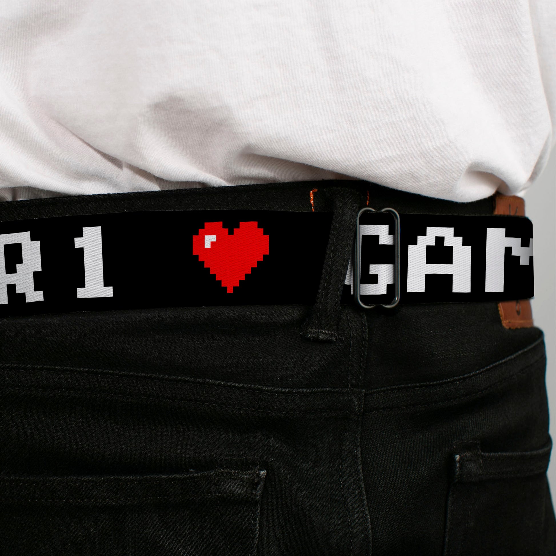 BD Wings Logo CLOSE-UP Full Color Black Silver Seatbelt Belt - GAMER 1/Heart 8-Bit Black/White/Red Webbing Seatbelt Belts Buckle-Down
