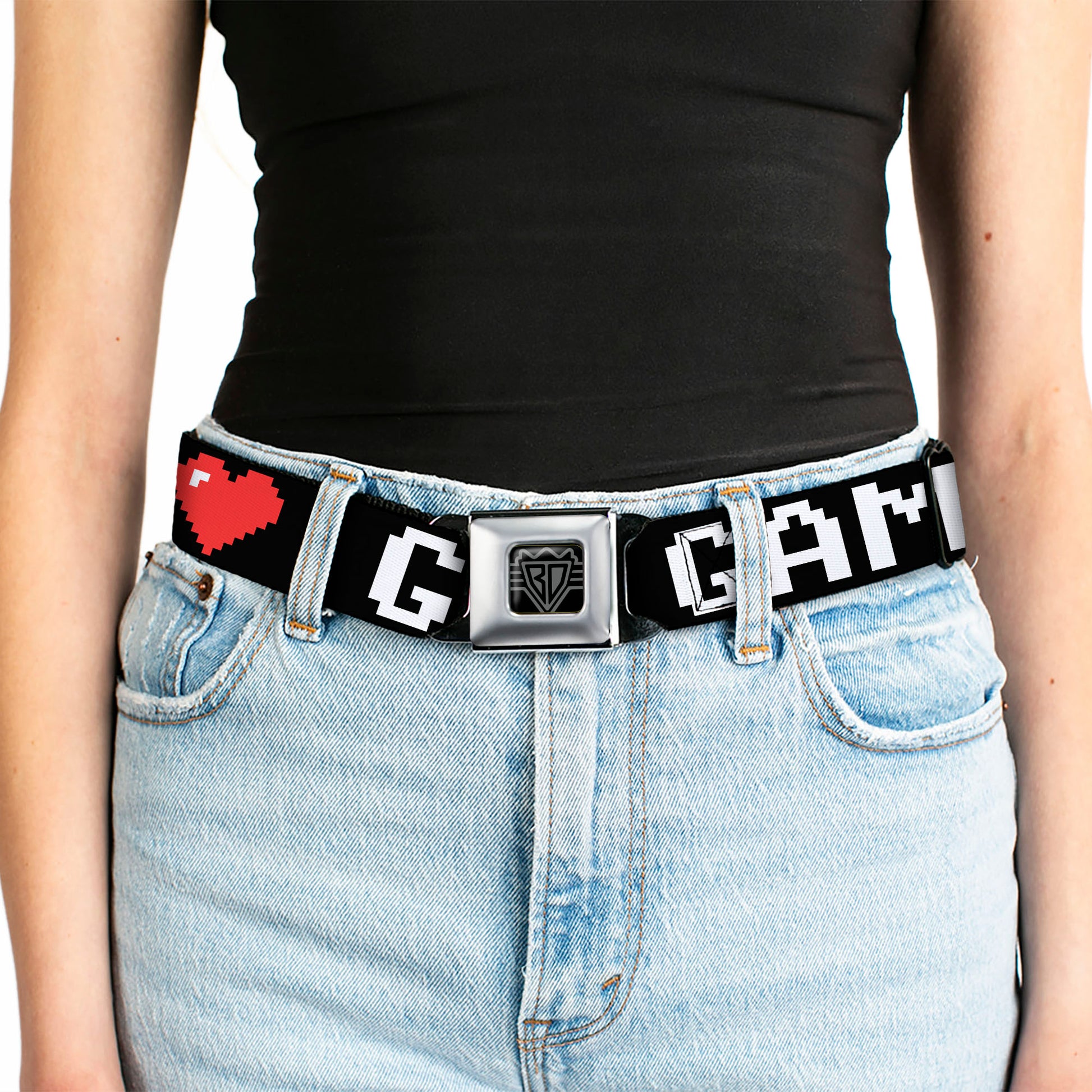 BD Wings Logo CLOSE-UP Full Color Black Silver Seatbelt Belt - GAMER 1/Heart 8-Bit Black/White/Red Webbing Seatbelt Belts Buckle-Down