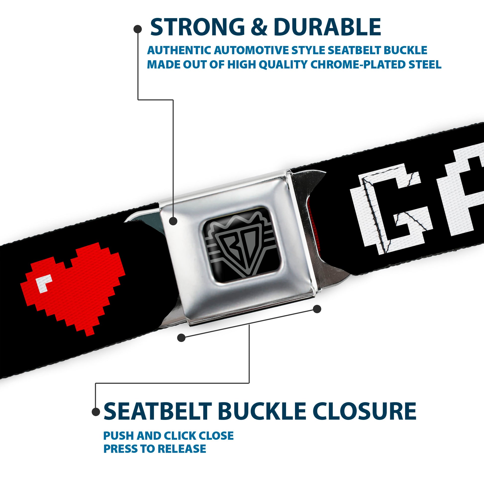 BD Wings Logo CLOSE-UP Full Color Black Silver Seatbelt Belt - GAMER 1/Heart 8-Bit Black/White/Red Webbing Seatbelt Belts Buckle-Down