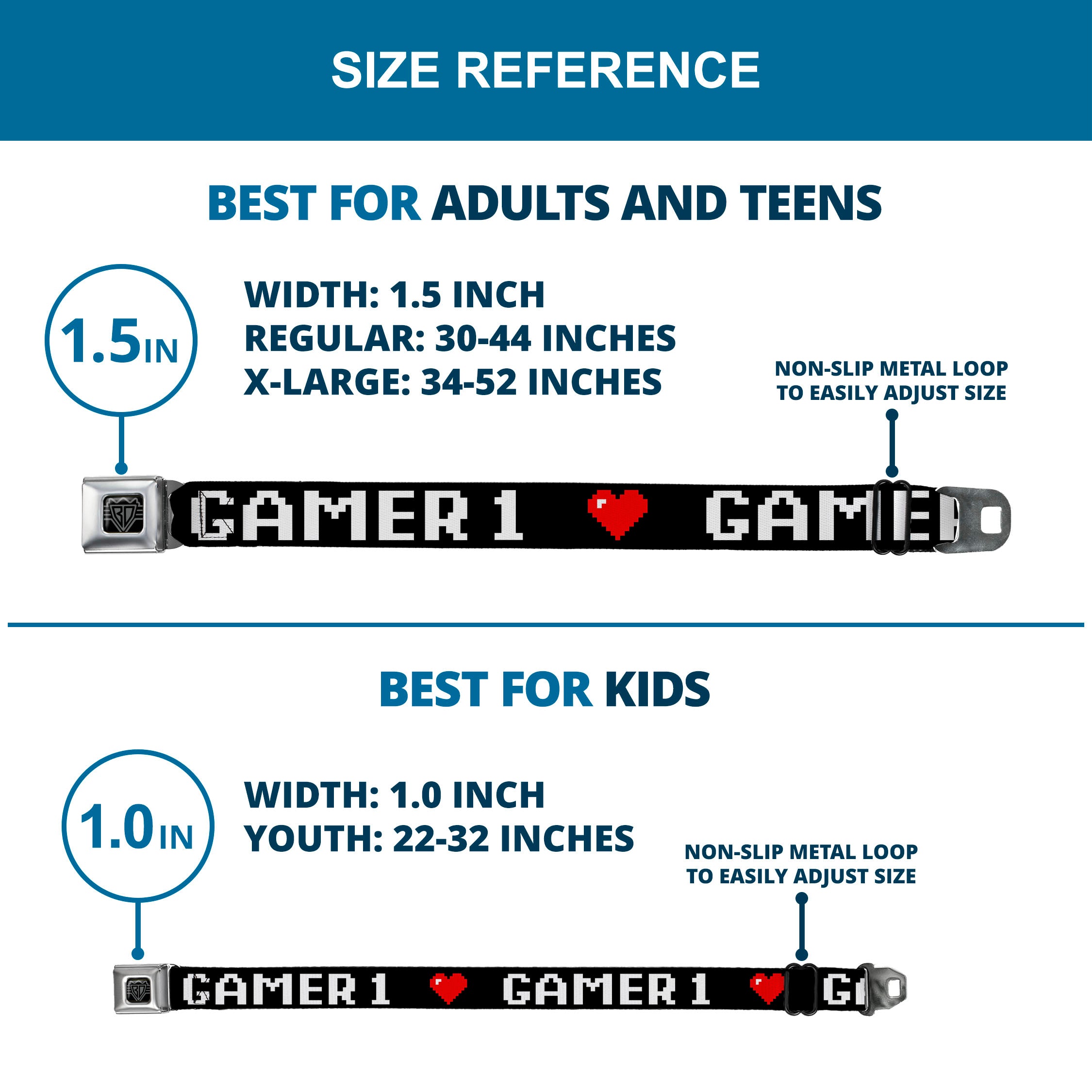 BD Wings Logo CLOSE-UP Full Color Black Silver Seatbelt Belt - GAMER 1/Heart 8-Bit Black/White/Red Webbing Seatbelt Belts Buckle-Down