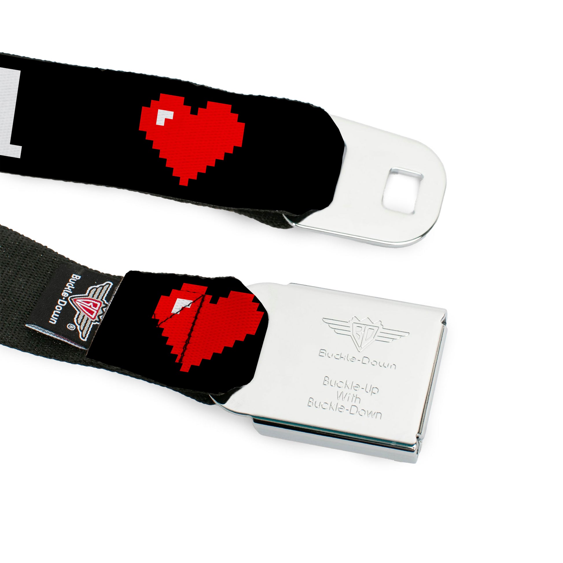BD Wings Logo CLOSE-UP Full Color Black Silver Seatbelt Belt - GAMER 1/Heart 8-Bit Black/White/Red Webbing Seatbelt Belts Buckle-Down