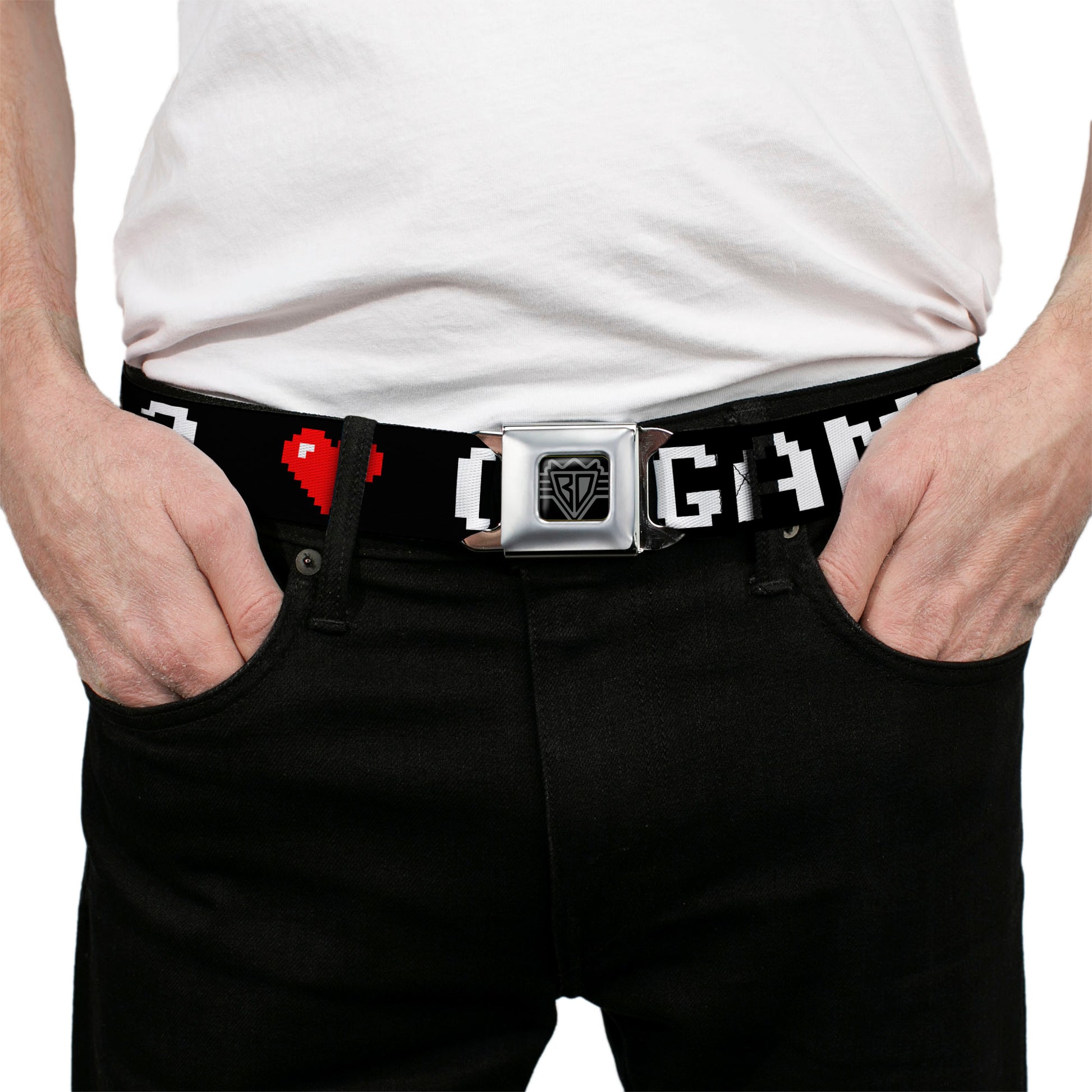 BD Wings Logo CLOSE-UP Full Color Black Silver Seatbelt Belt - GAMER 2/Heart 8-Bit Black/White/Red Webbing Seatbelt Belts Buckle-Down