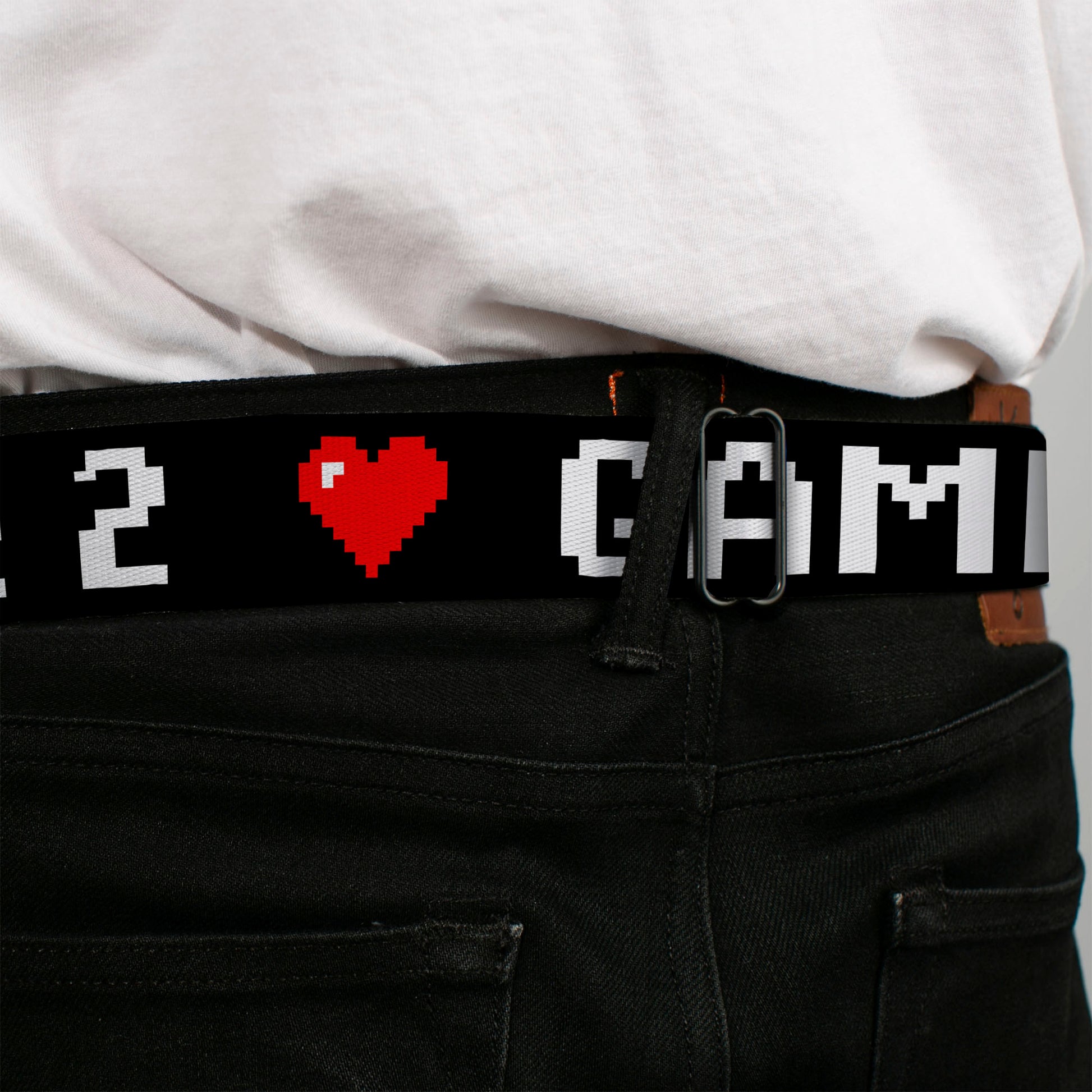 BD Wings Logo CLOSE-UP Full Color Black Silver Seatbelt Belt - GAMER 2/Heart 8-Bit Black/White/Red Webbing Seatbelt Belts Buckle-Down
