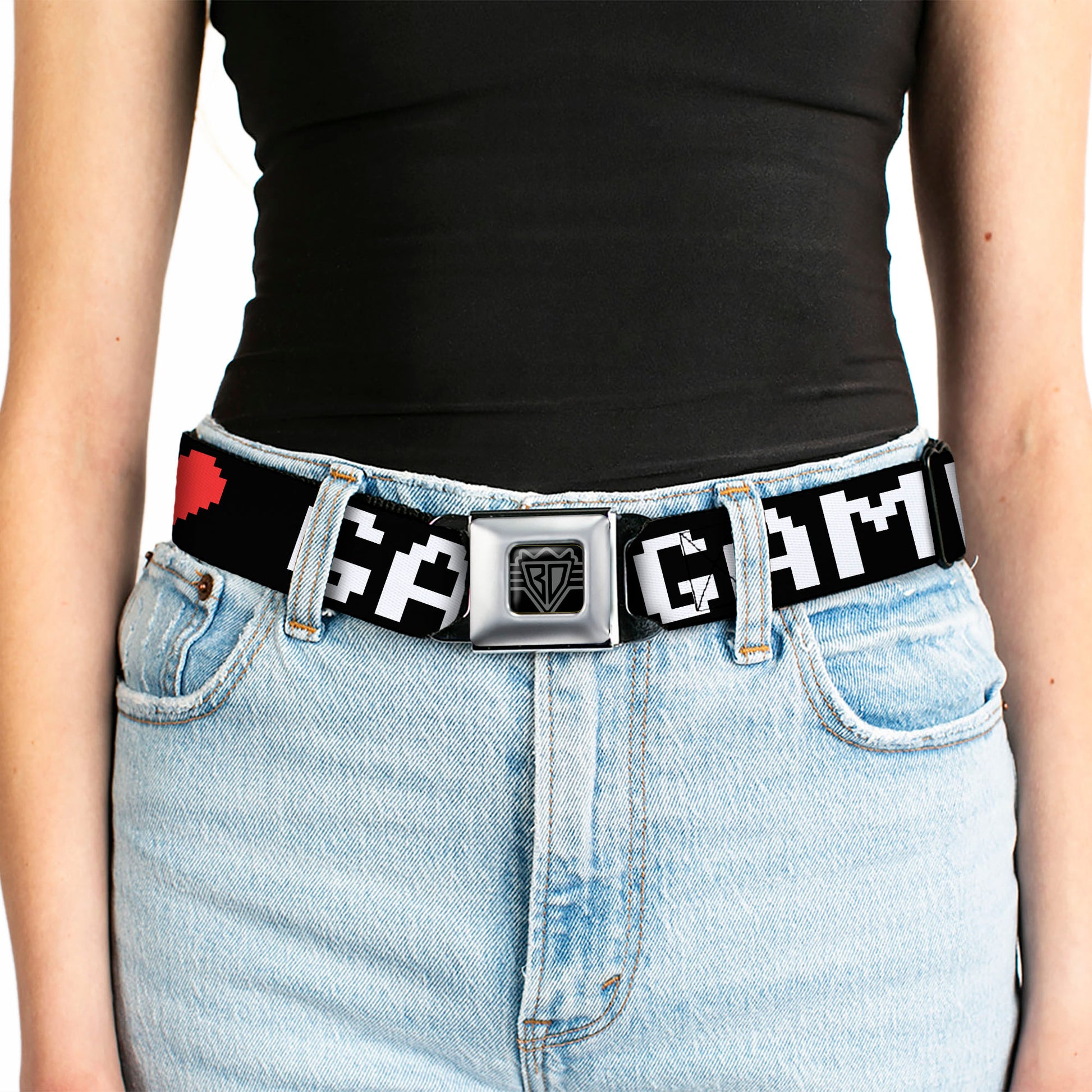 BD Wings Logo CLOSE-UP Full Color Black Silver Seatbelt Belt - GAMER 2/Heart 8-Bit Black/White/Red Webbing Seatbelt Belts Buckle-Down