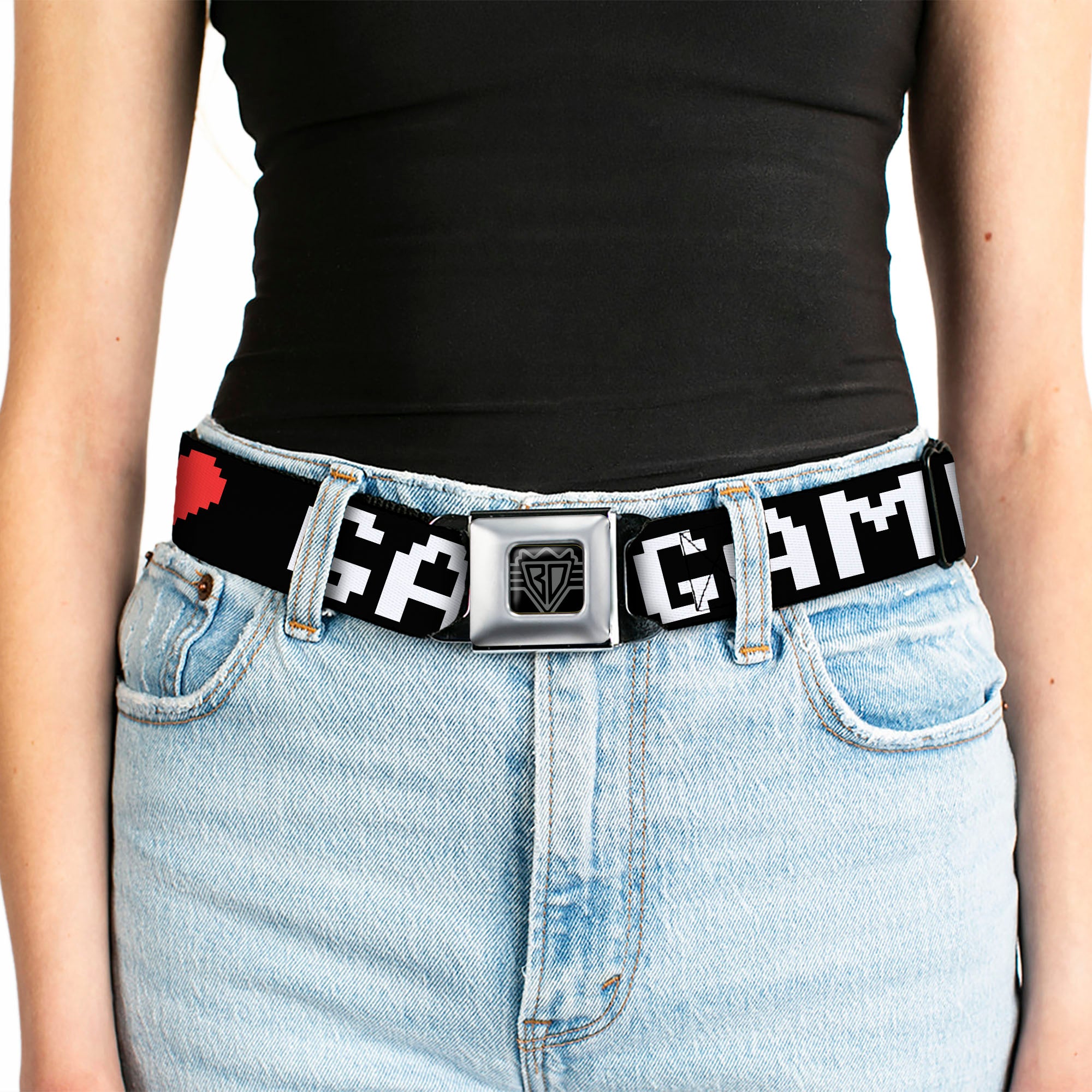 BD Wings Logo CLOSE-UP Full Color Black Silver Seatbelt Belt - GAMER 2/Heart 8-Bit Black/White/Red Webbing Seatbelt Belts Buckle-Down