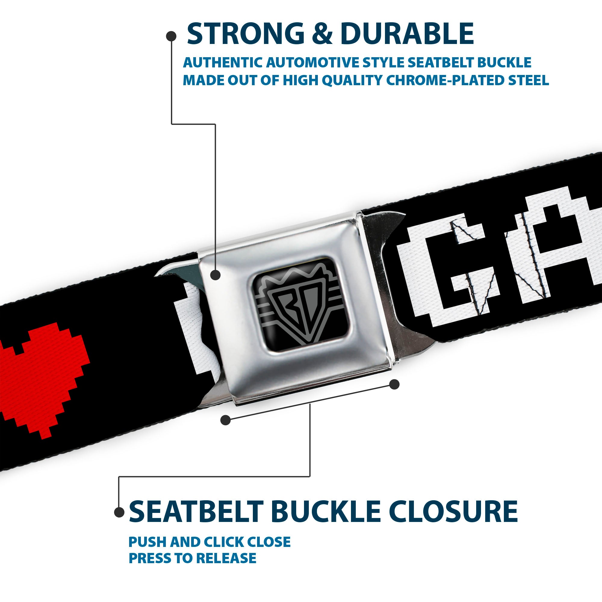 BD Wings Logo CLOSE-UP Full Color Black Silver Seatbelt Belt - GAMER 2/Heart 8-Bit Black/White/Red Webbing Seatbelt Belts Buckle-Down