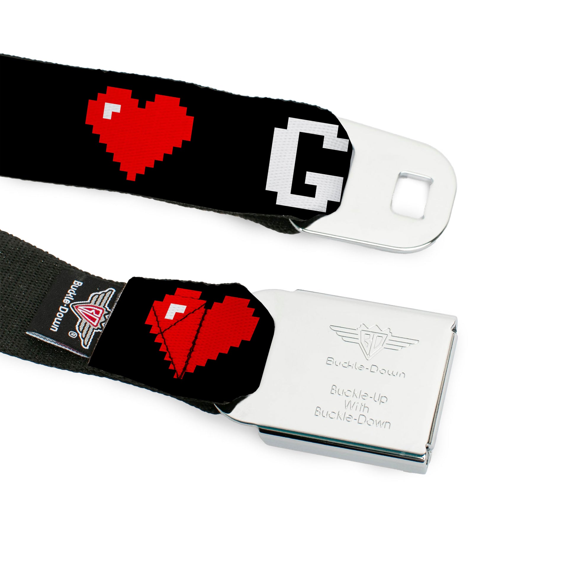 BD Wings Logo CLOSE-UP Full Color Black Silver Seatbelt Belt - GAMER 2/Heart 8-Bit Black/White/Red Webbing Seatbelt Belts Buckle-Down
