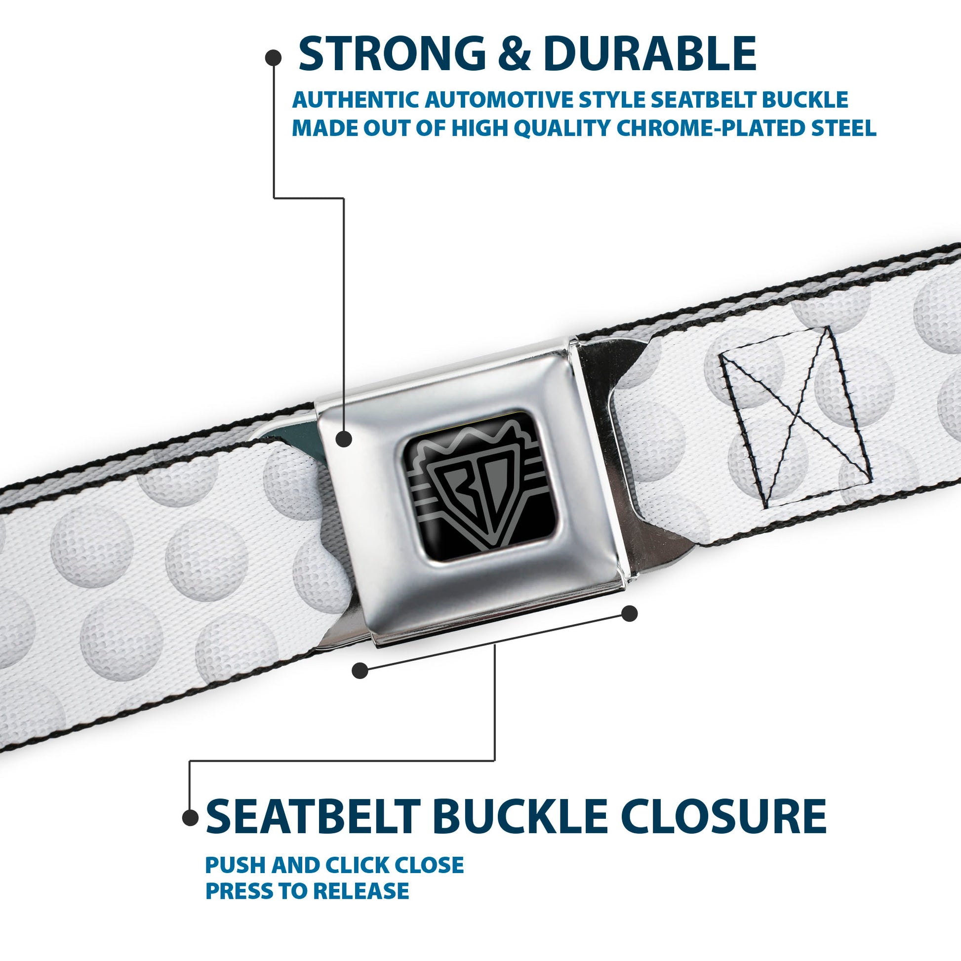 BD Wings Logo CLOSE-UP Full Color Black Silver Seatbelt Belt - Golf Ball Dimples Whites Webbing Seatbelt Belts Buckle-Down