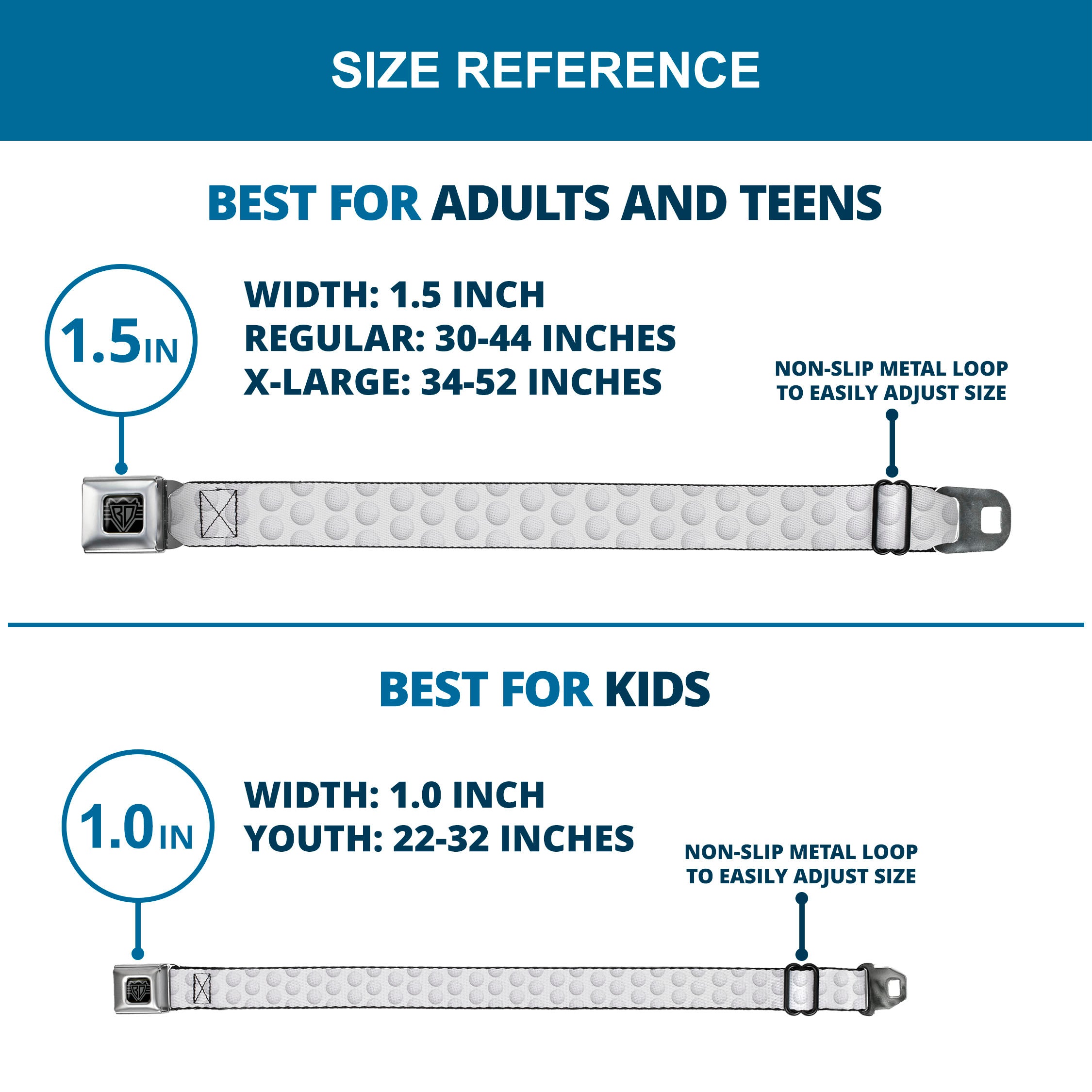 BD Wings Logo CLOSE-UP Full Color Black Silver Seatbelt Belt - Golf Ball Dimples Whites Webbing Seatbelt Belts Buckle-Down