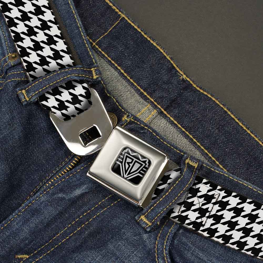 BD Wings Logo CLOSE-UP Full Color Black Silver Seatbelt Belt - Houndstooth Black/White Webbing Seatbelt Belts Buckle-Down