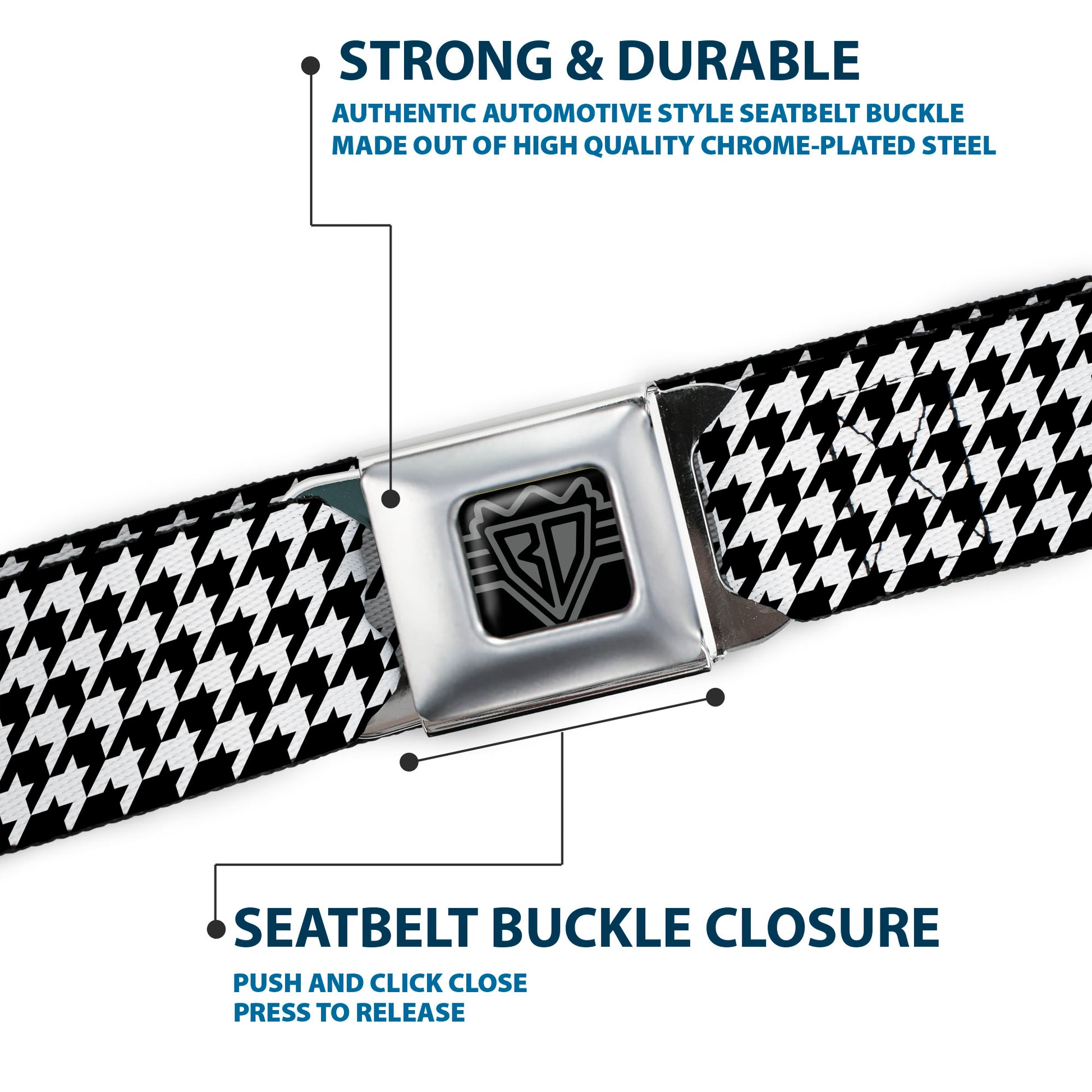 BD Wings Logo CLOSE-UP Full Color Black Silver Seatbelt Belt - Houndstooth Black/White Webbing Seatbelt Belts Buckle-Down