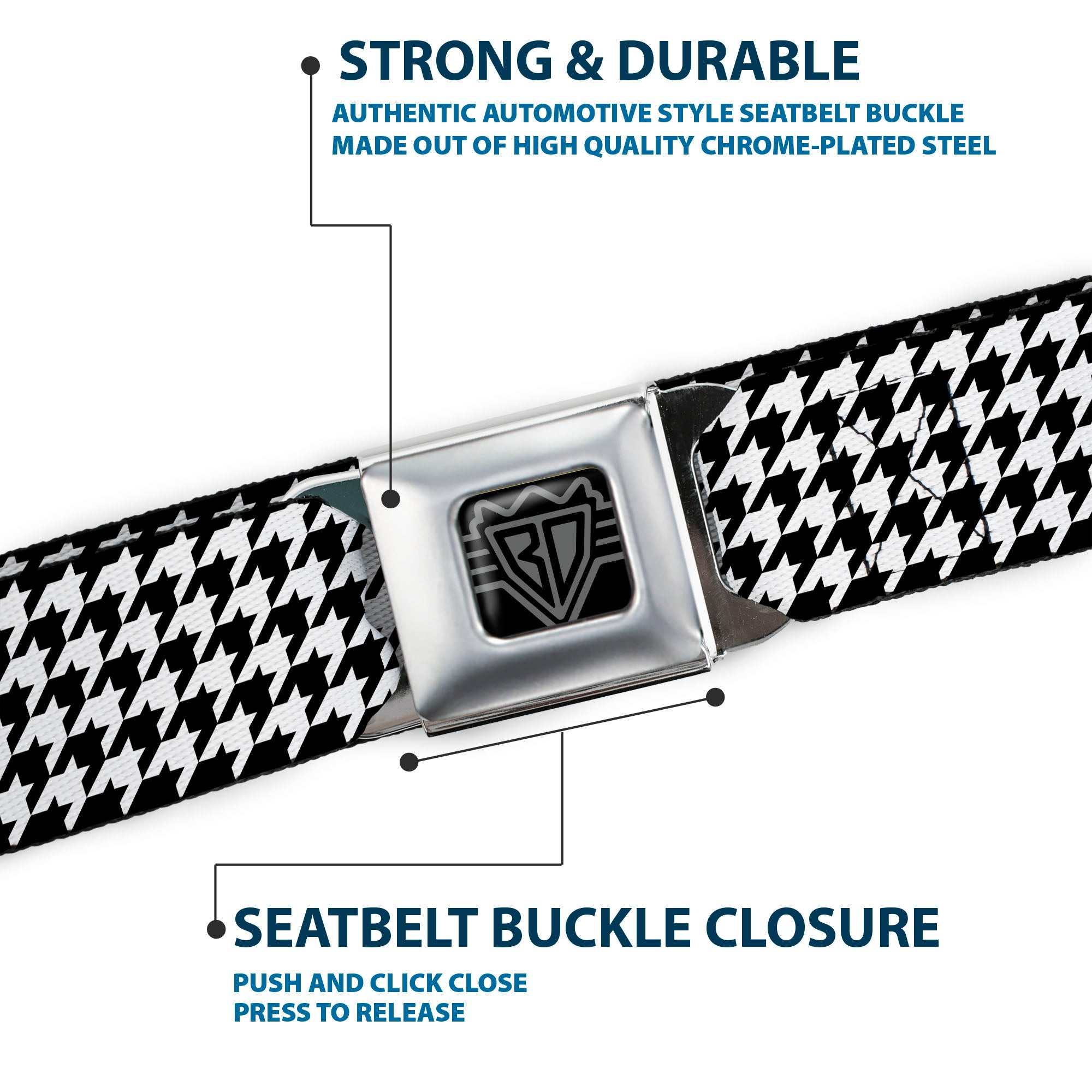 BD Wings Logo CLOSE-UP Full Color Black Silver Seatbelt Belt - Houndstooth Black/White Webbing Seatbelt Belts Buckle-Down