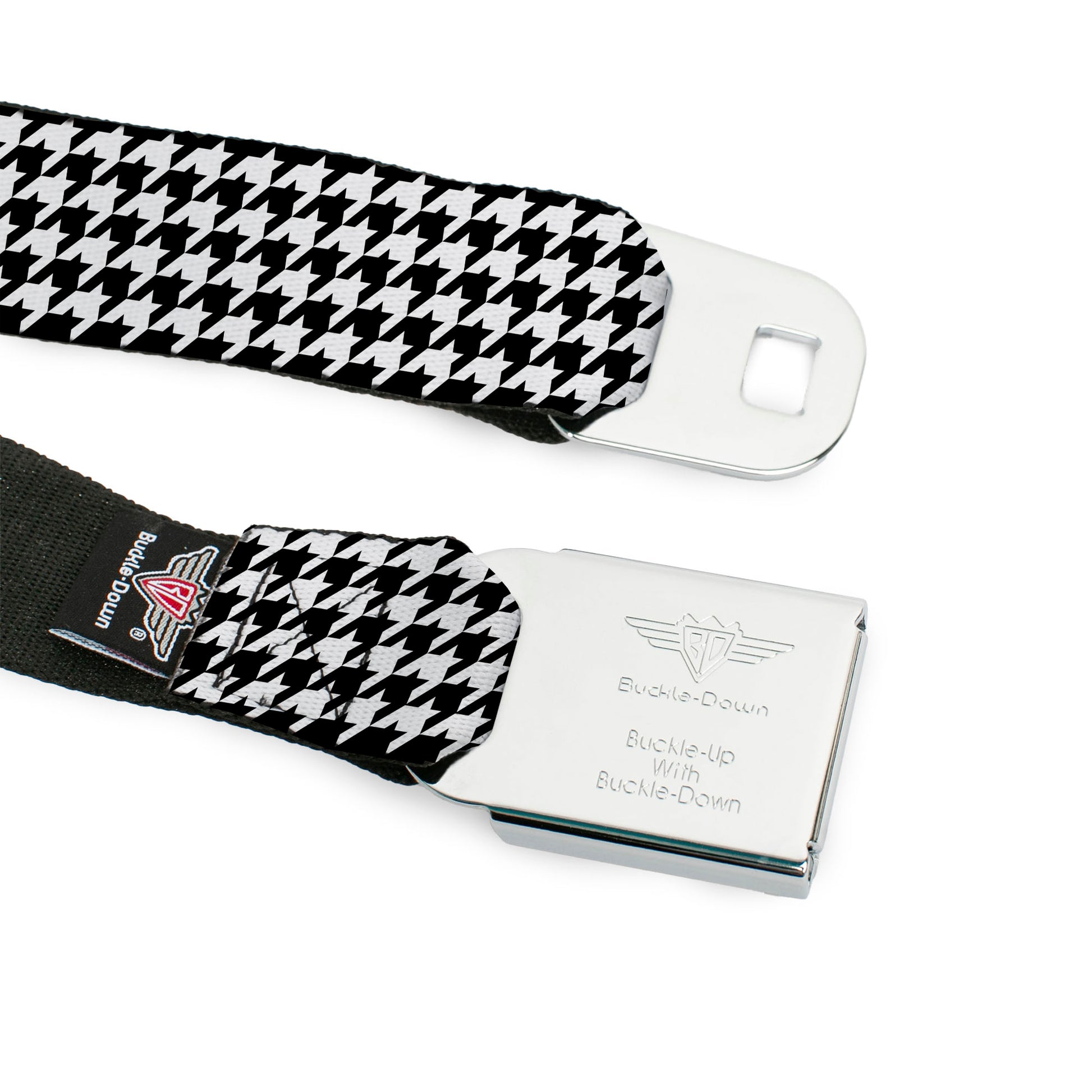 BD Wings Logo CLOSE-UP Full Color Black Silver Seatbelt Belt - Houndstooth Black/White Webbing Seatbelt Belts Buckle-Down