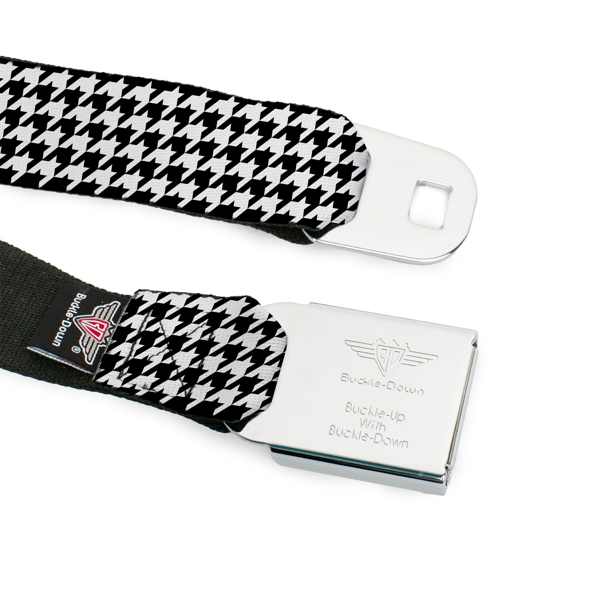 BD Wings Logo CLOSE-UP Full Color Black Silver Seatbelt Belt - Houndstooth Black/White Webbing Seatbelt Belts Buckle-Down
