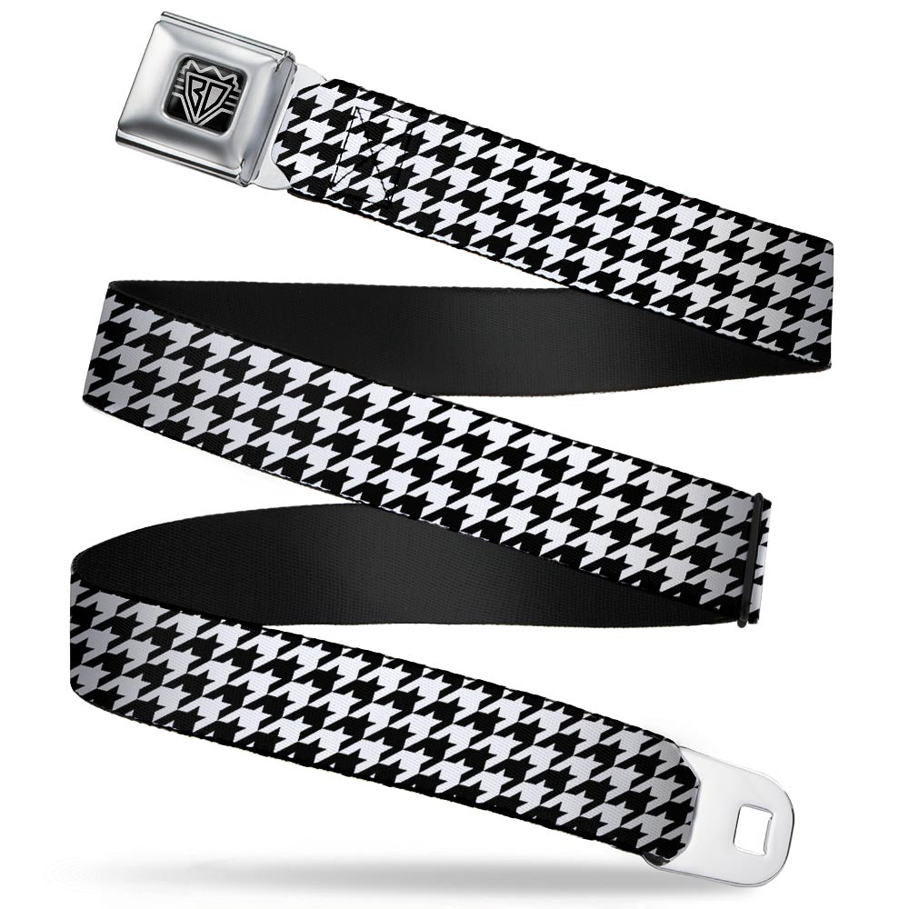 BD Wings Logo CLOSE-UP Full Color Black Silver Seatbelt Belt - Houndstooth Black/White Webbing Seatbelt Belts Buckle-Down