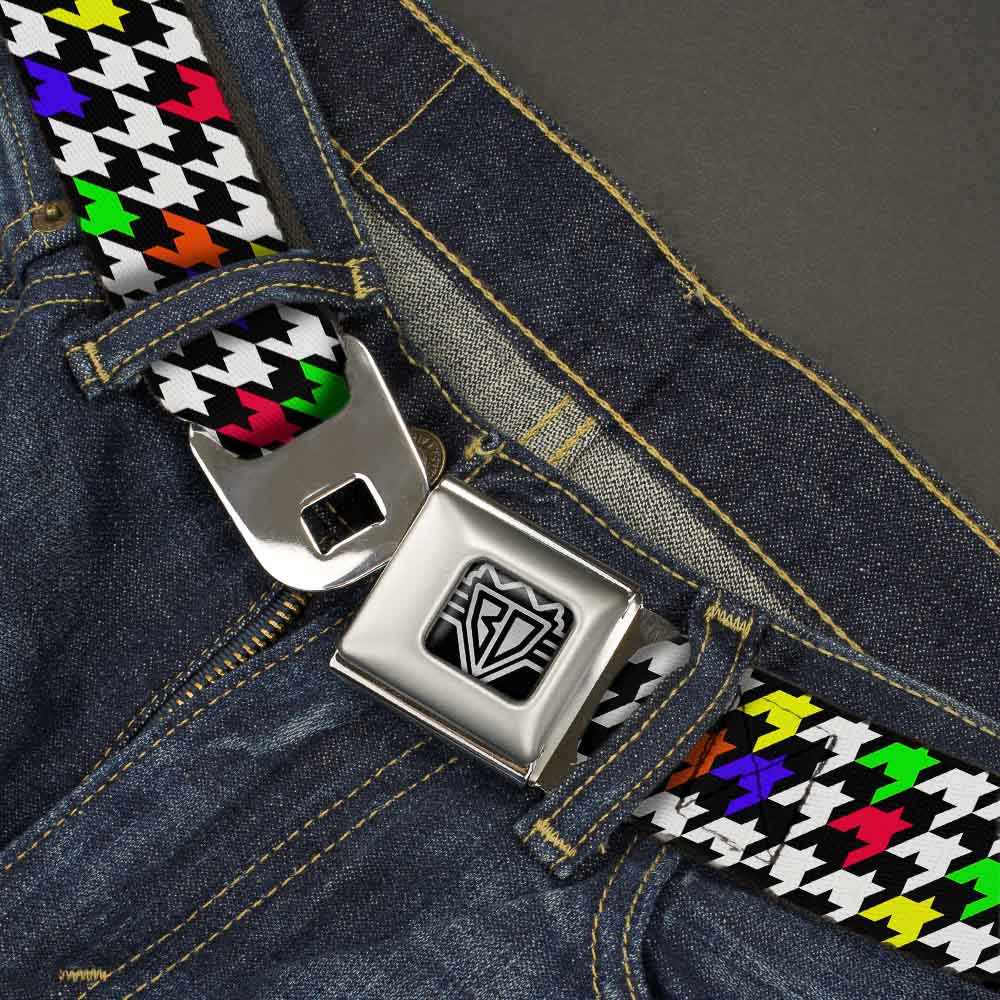BD Wings Logo CLOSE-UP Full Color Black Silver Seatbelt Belt - Houndstooth Black/White/Multi Neon Webbing Seatbelt Belts Buckle-Down