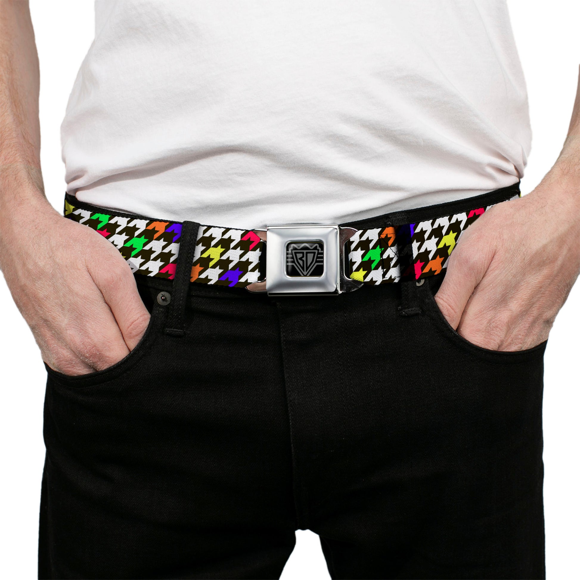 BD Wings Logo CLOSE-UP Full Color Black Silver Seatbelt Belt - Houndstooth Black/White/Multi Neon Webbing Seatbelt Belts Buckle-Down