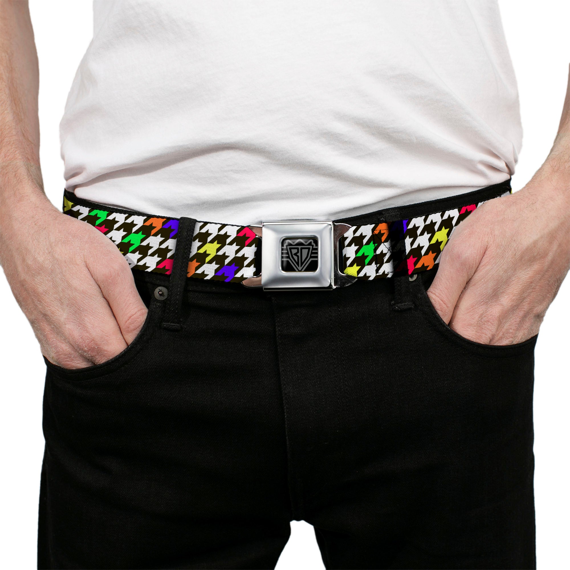BD Wings Logo CLOSE-UP Full Color Black Silver Seatbelt Belt - Houndstooth Black/White/Multi Neon Webbing Seatbelt Belts Buckle-Down