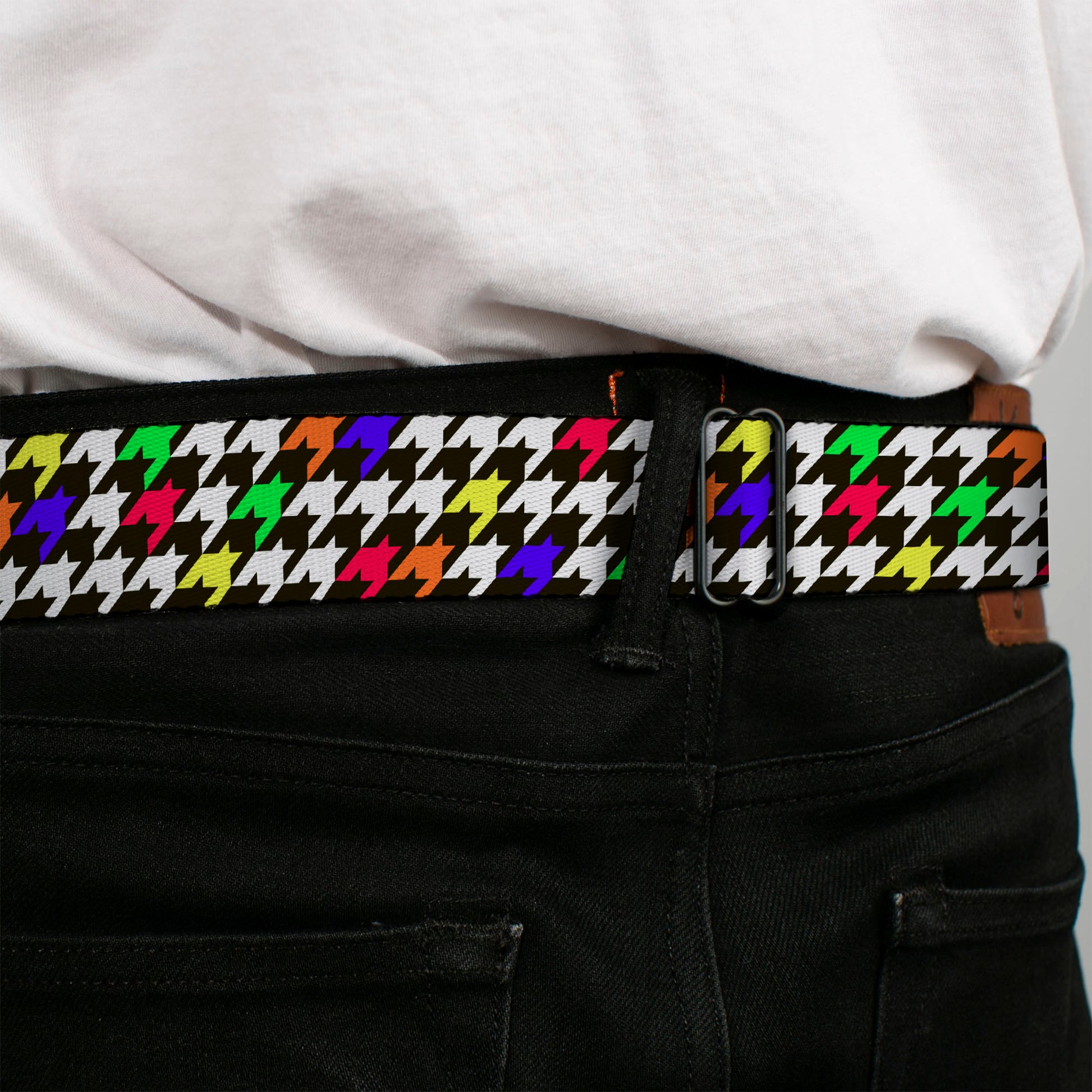 BD Wings Logo CLOSE-UP Full Color Black Silver Seatbelt Belt - Houndstooth Black/White/Multi Neon Webbing Seatbelt Belts Buckle-Down