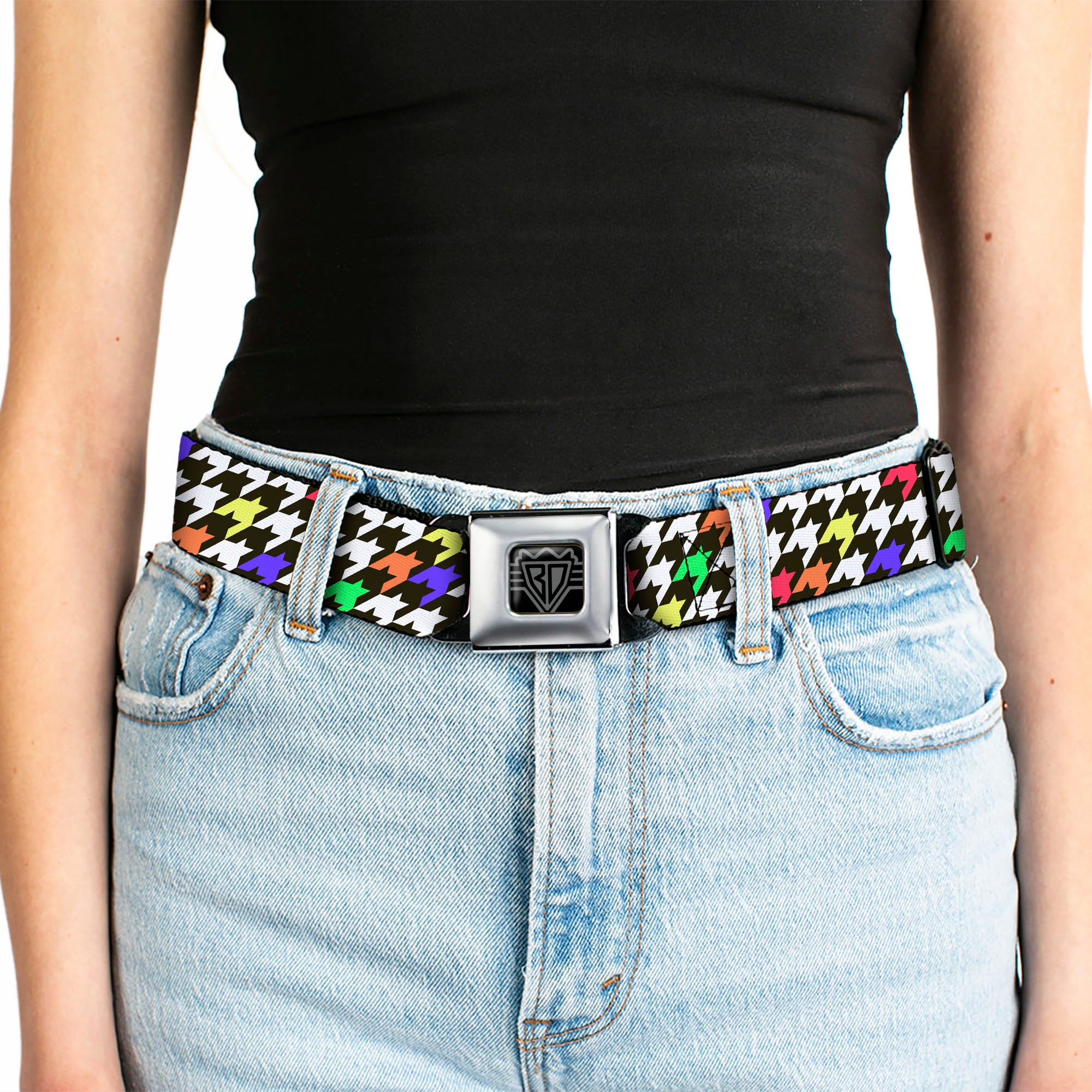 BD Wings Logo CLOSE-UP Full Color Black Silver Seatbelt Belt - Houndstooth Black/White/Multi Neon Webbing Seatbelt Belts Buckle-Down