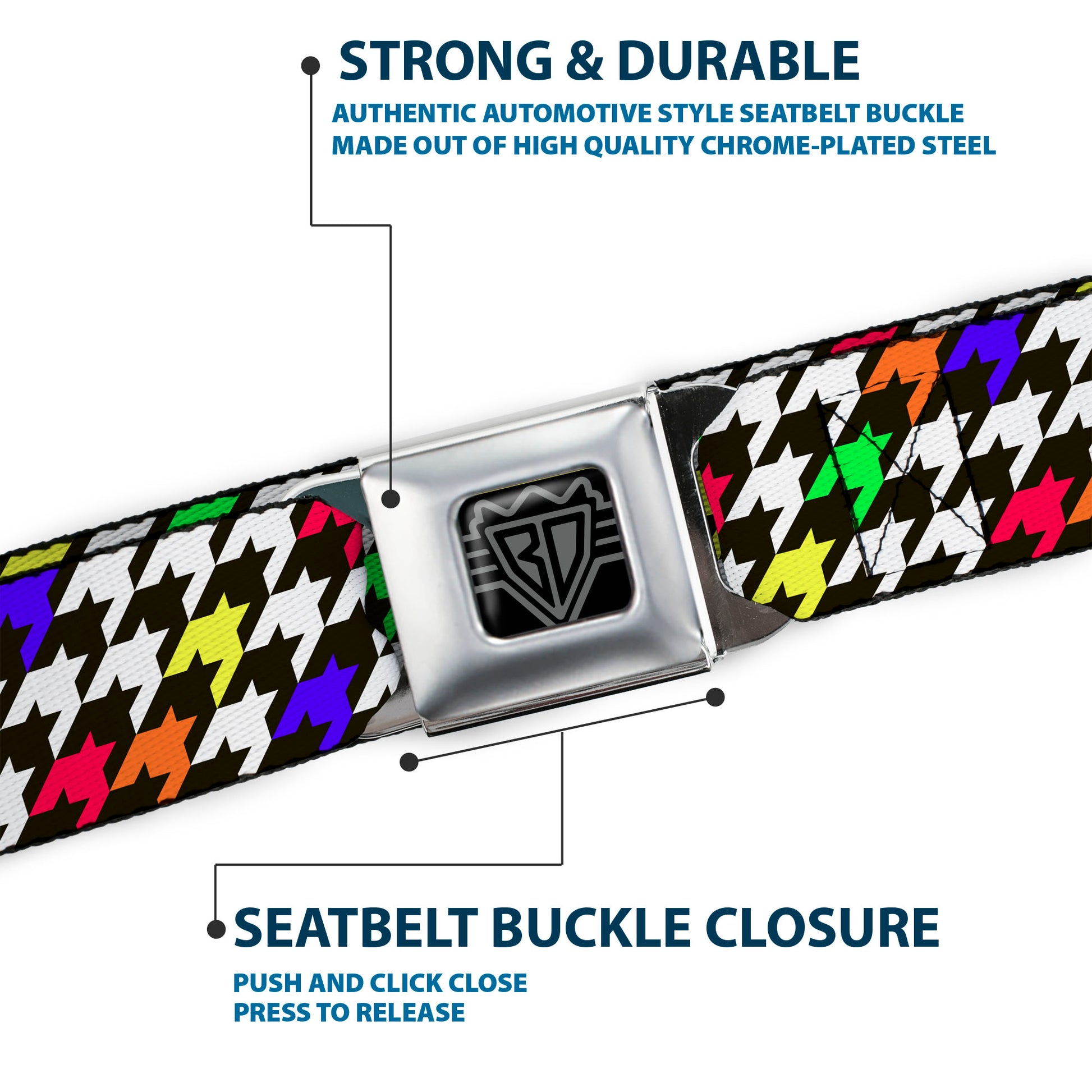 BD Wings Logo CLOSE-UP Full Color Black Silver Seatbelt Belt - Houndstooth Black/White/Multi Neon Webbing Seatbelt Belts Buckle-Down