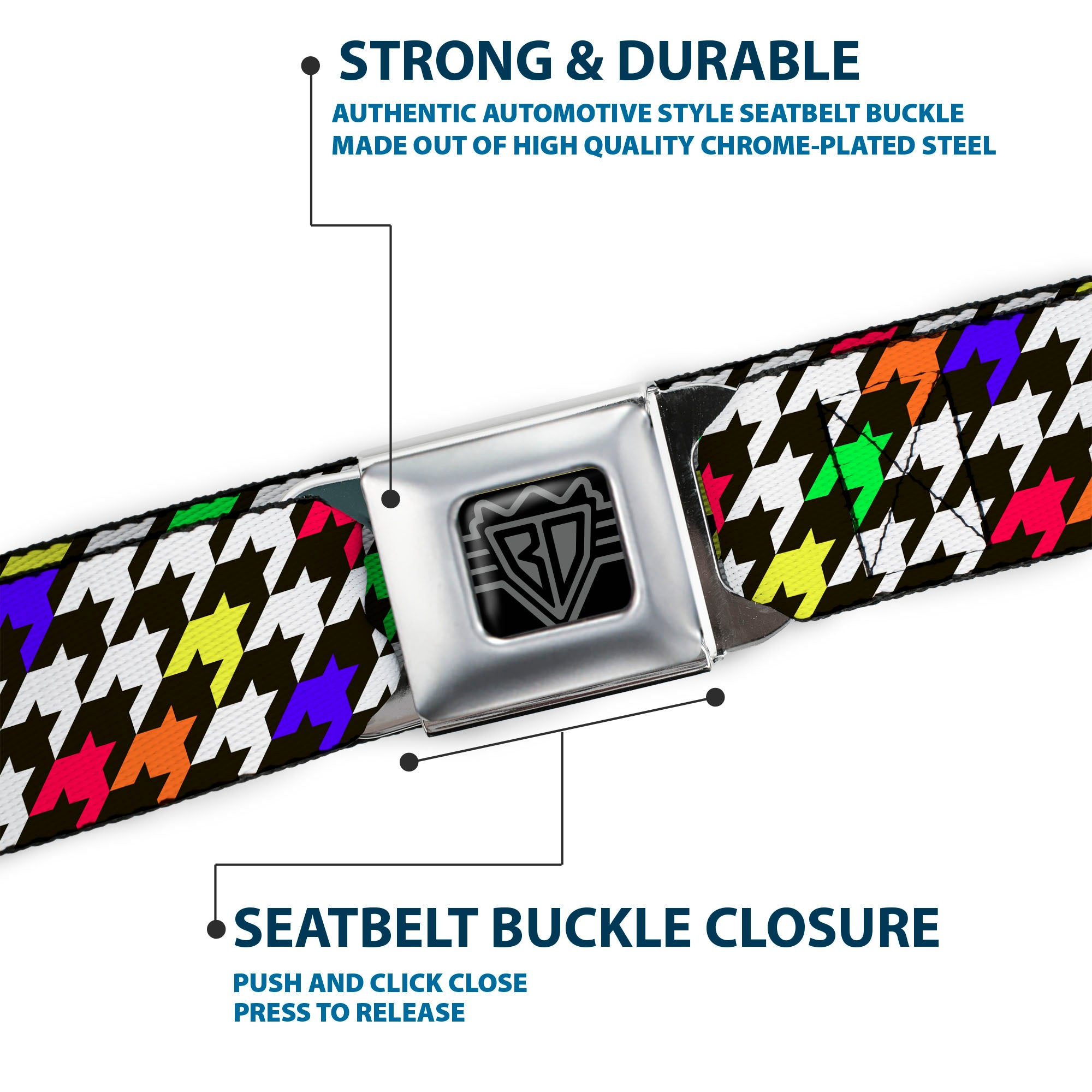 BD Wings Logo CLOSE-UP Full Color Black Silver Seatbelt Belt - Houndstooth Black/White/Multi Neon Webbing Seatbelt Belts Buckle-Down