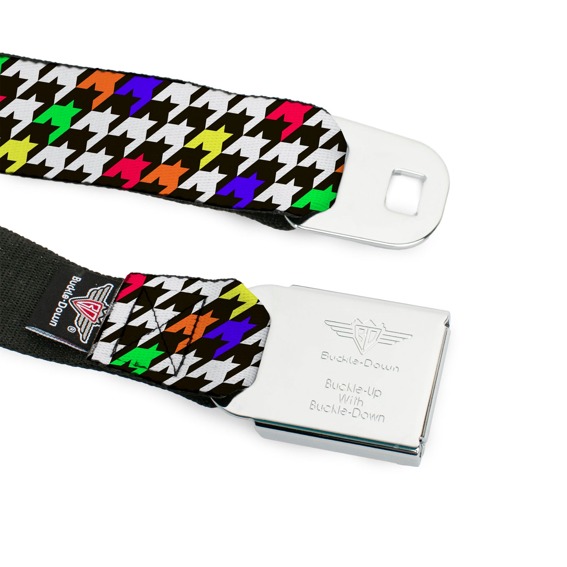 BD Wings Logo CLOSE-UP Full Color Black Silver Seatbelt Belt - Houndstooth Black/White/Multi Neon Webbing Seatbelt Belts Buckle-Down
