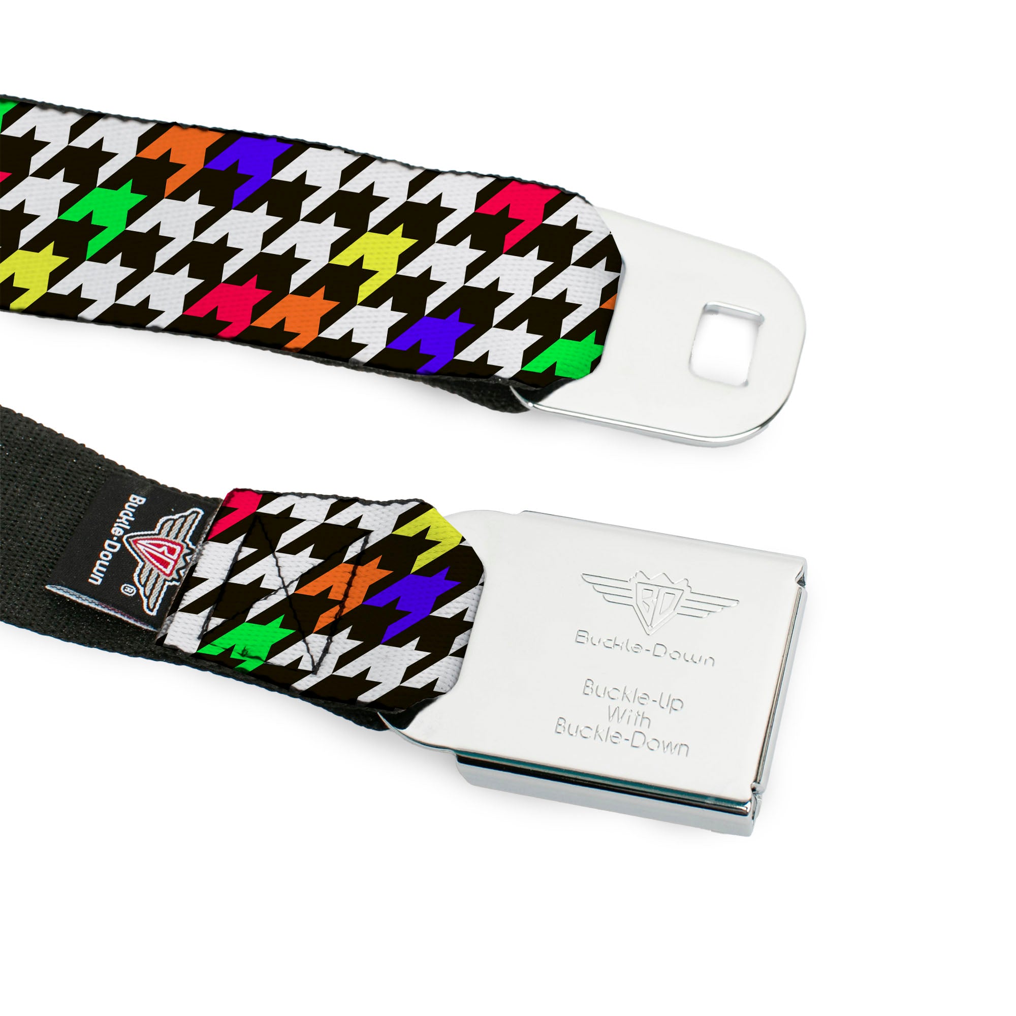 BD Wings Logo CLOSE-UP Full Color Black Silver Seatbelt Belt - Houndstooth Black/White/Multi Neon Webbing Seatbelt Belts Buckle-Down