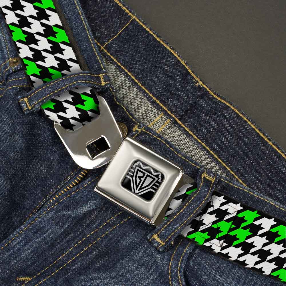 BD Wings Logo CLOSE-UP Full Color Black Silver Seatbelt Belt - Houndstooth Black/White/Neon Green Webbing Seatbelt Belts Buckle-Down