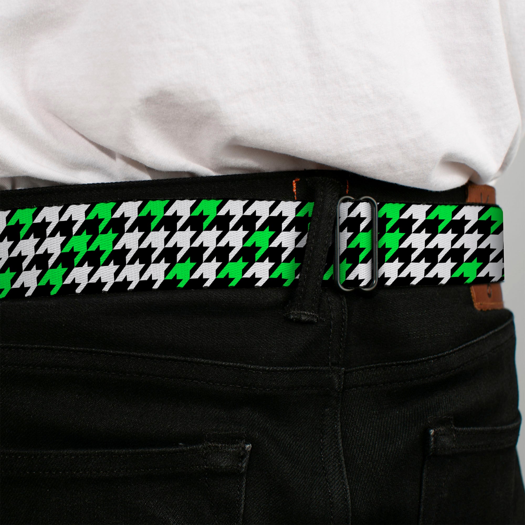 BD Wings Logo CLOSE-UP Full Color Black Silver Seatbelt Belt - Houndstooth Black/White/Neon Green Webbing Seatbelt Belts Buckle-Down